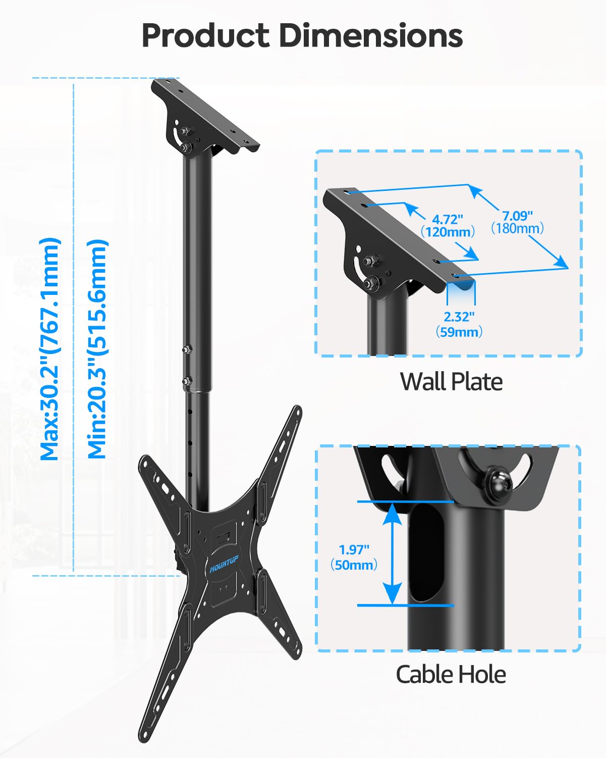 MOUNTUP Ceiling TV Mount for Most 24''- 65'' TVs, Hanging TV Ceiling Mount for 32 43 50 55 60 65 inch Screen, Full Motion Height Adjustable Bracket, Holds up to 99lbs, Max VESA 400x400mm, MU0039