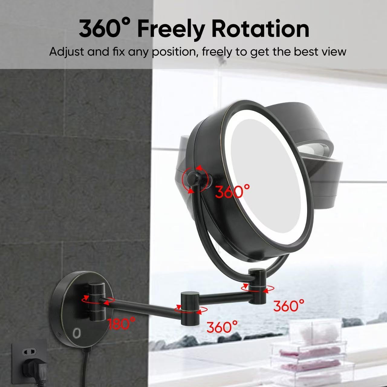 GURUN 8.5 Inch Magnifying Makeup Mirror with 3 Tones LED Lights Double Sided Vanity Mirror for Bathroom with 10X Magnification M1809DO (Oil-Rubbed Bronze/10X)