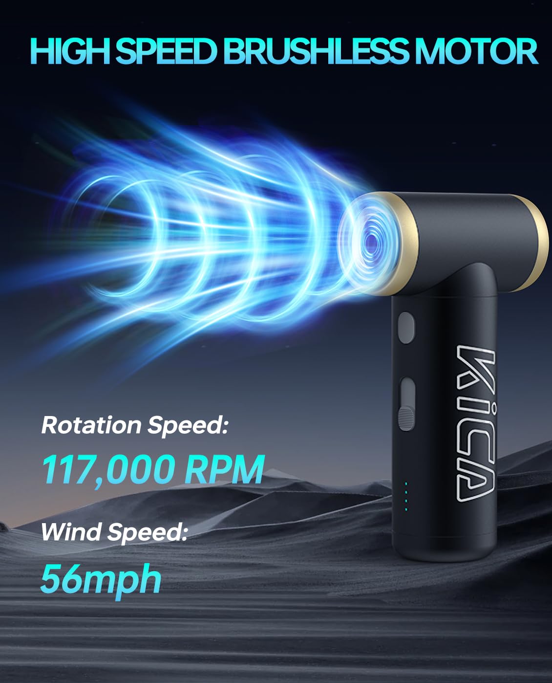 KiCA Compressed Air Duster, Jet Fan 2S Electric Air Duster - 56 MPH Wind Speed, 117000RPM Turbo Boost Mode, 0.66lbs Aluminum Alloy Design, Jet Dry Blower for Keyboard, PC, Car & Home Cleaning (Black)