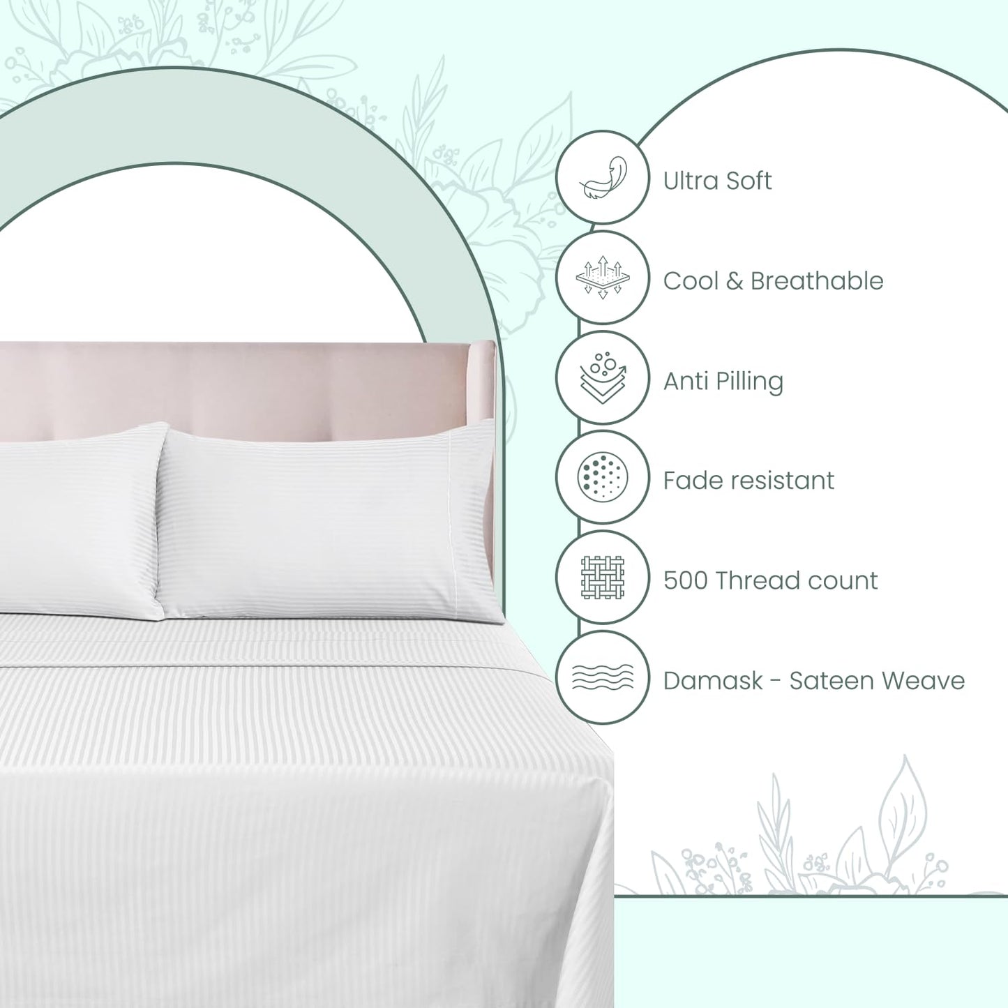 Feather & Stitch 500 TC King Size Damask Bed Sheet Set, 100% Cotton Soft Breathable Bedsheets, 4 Piece 18" Deep Pockets Sateen Weave Striped Bedding Mattress Resort Hotel Luxury- (Stripe White, King)