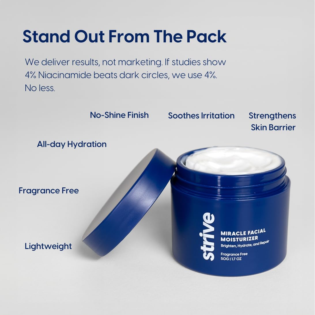 Strive - Mens Face Moisturizer - Mens Skin Care, Lotion for men, All Skin Types, Fragrance Free, Clear Skin, Anti-aging, Clinical Strength, 4% Upgraded Niacinamide, Hyaluronic Acid & Ceramides - 50g