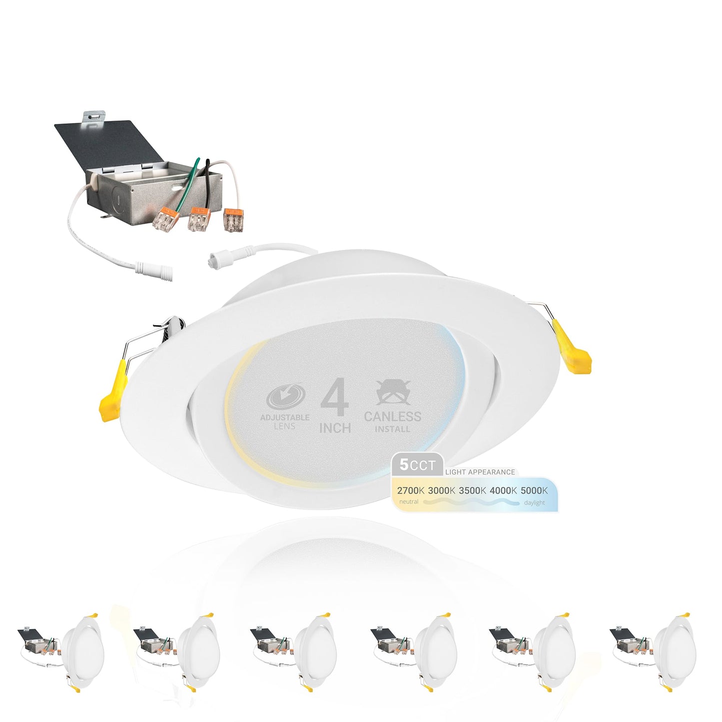 NUWATT 4 Inch Gimbal LED Recessed Lighting, 5CCT 2700K/3000K/3500K/4000K/5000K Selectable, 630 Lumen, Dimmable, Adjustable Pitched Canless Eyeball Lights for Sloped Ceilings, Metal Junction Box, 6 PK