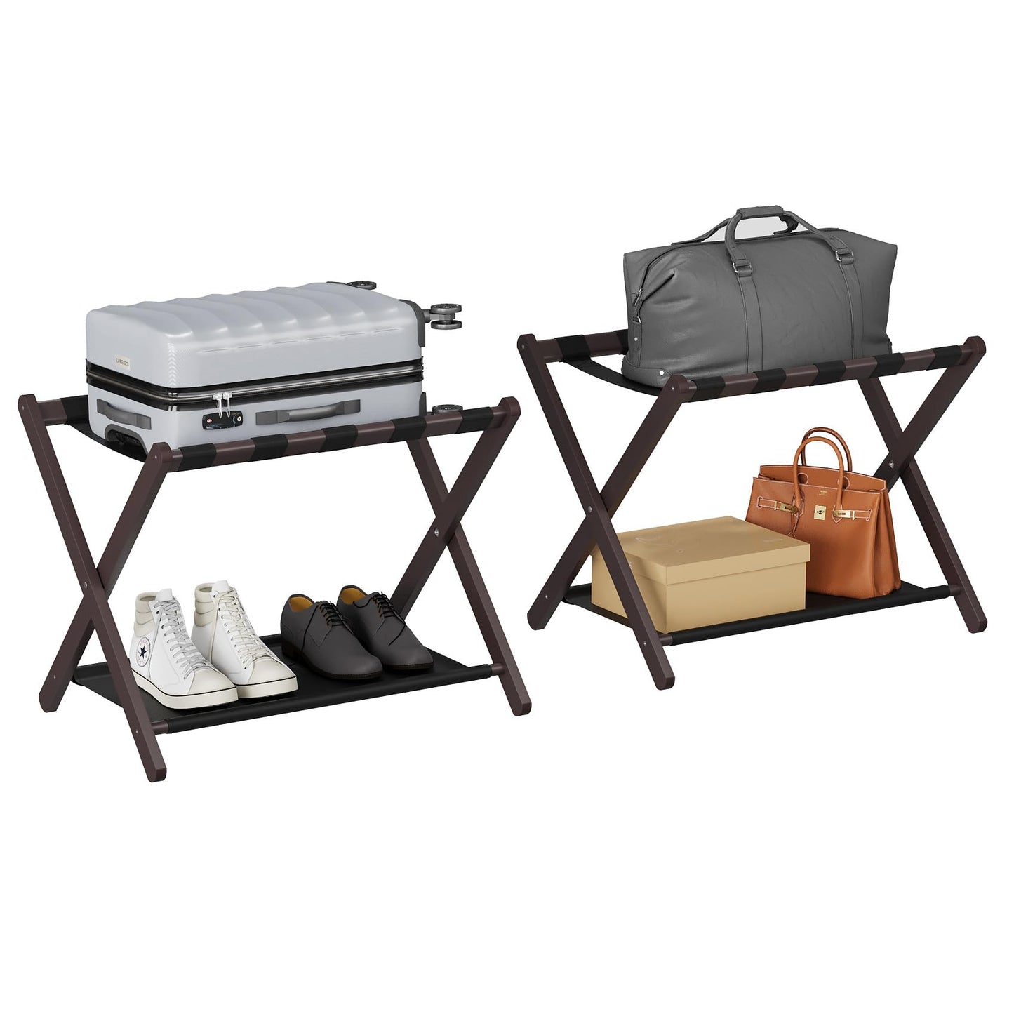 Smuxee Brown Bamboo Luggage Rack Pack of 2, Foldable Suitcase Stand with Storage Shelf, Easily Assembled Luggage Stand with 5 Nylon Straps for Guest Room Bedroom Hotel