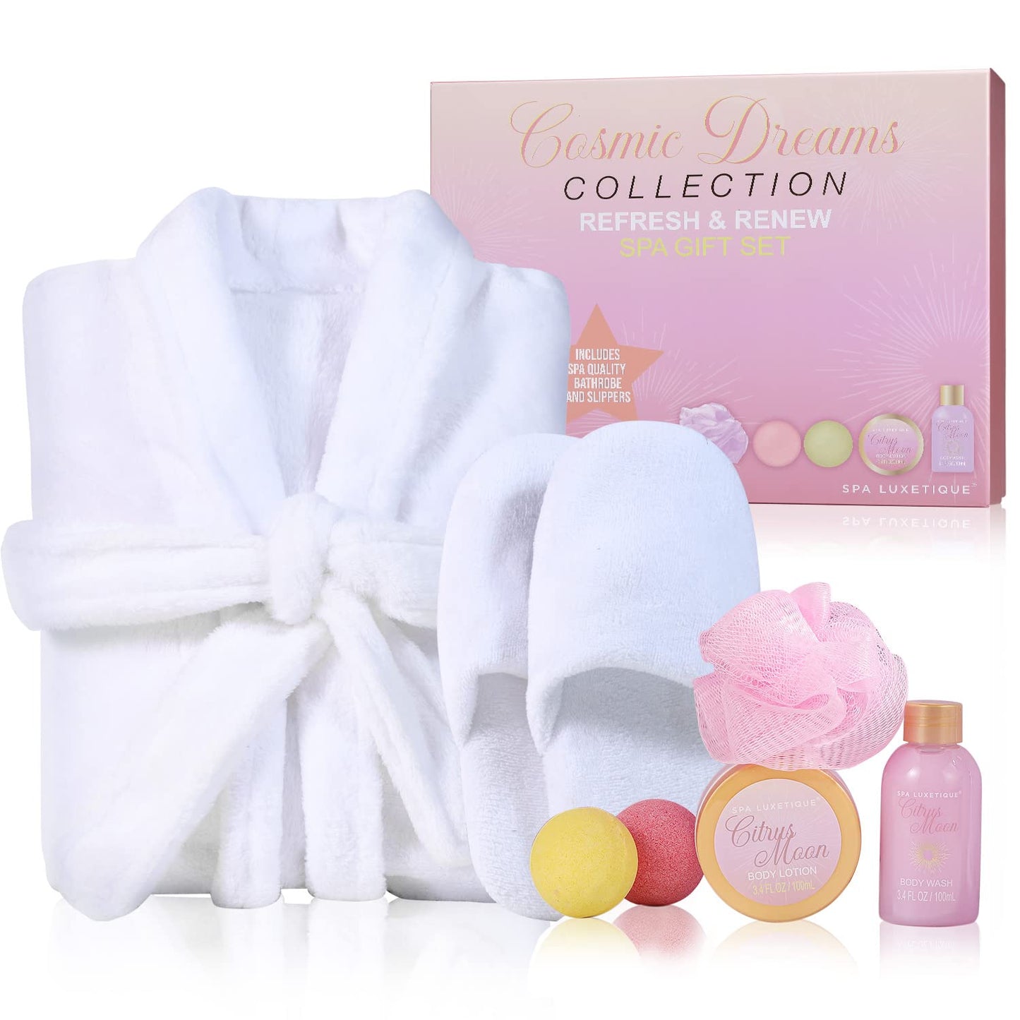 Spa Luxetique Robe and Slippers Spa Set Women, Valentines Day Gifts for Wife, 6pcs Flannel Soft Bath Robe, Bath and Body Works Bath Sets with Slippers, Body Lotion, Bath Bombs, Robe Sets for Women