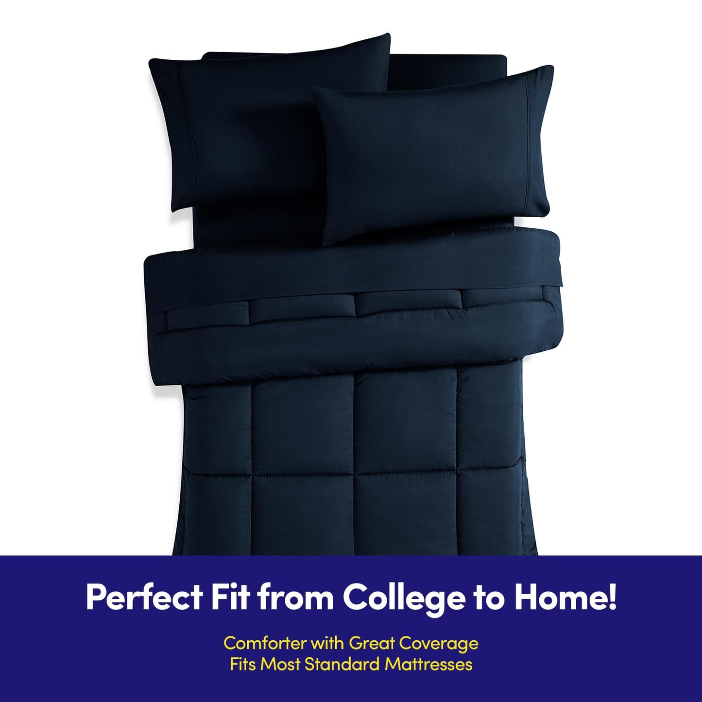 Dorm Room Essentials College Bedding Comforter Set 5 Piece Twin XL Size Bed in a Bag for College Students Boys and Girls, Twin XL, Navy Blue