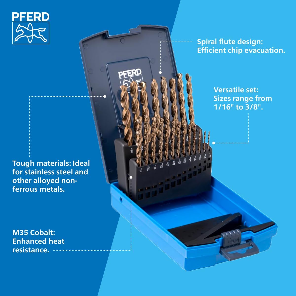 PFERD HSS Twist Drill Bit Set 1/16-3/8" M35 (Co5) INOX - 21 Pieces - Premium Cobalt Drill Bits for Tough Materials, Stainless Steel, Non-Ferrous Metals - 135° Split Point Jobber-Length - Part 20075