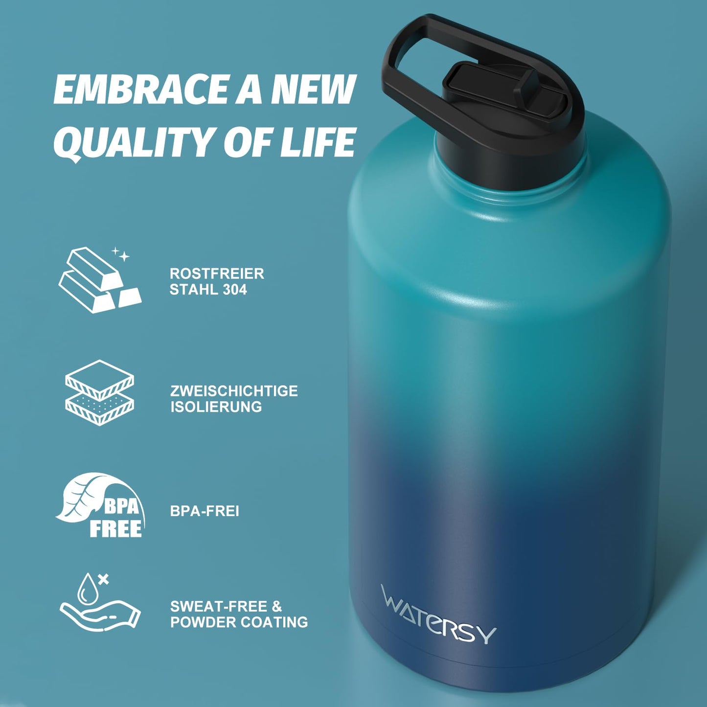 1 Gallon Water Bottle Insulated(Cold for 48 Hrs),BPA Free&Leak Proof,128oz Stainless Steel Water Jug,Large Water Bottle with Straw Spout Lids for Gym,Hiking,Camping&Travel,Gradient Blue