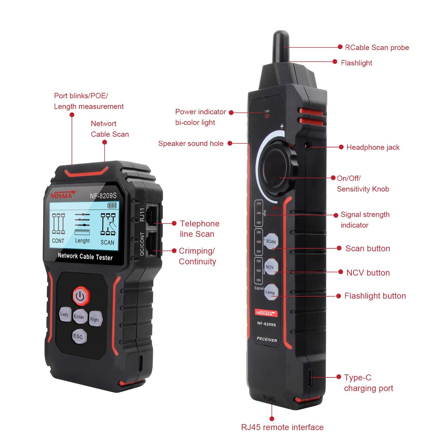 NOYAFA NF-8209S Upgrade Advanced Network Cable Tester with PoE& NCV, Cable Length Test, Port Flashing, Multifunction Anti Interference Scanning Modes Wire Tracker