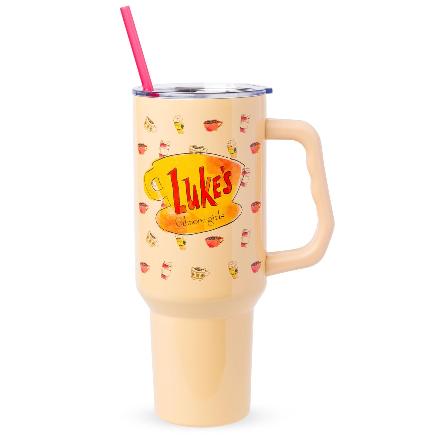 Silver Buffalo Gilmore Girls Luke's Diner Double Walled Stainless Steel Tumbler with Handle and Straw, Fits in Standard Cup Holder, 40 Ounces