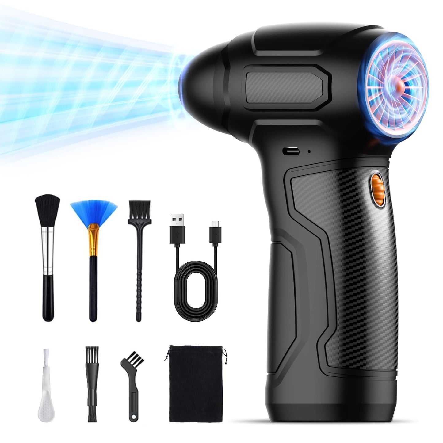 Tomzio Electric Air Duster, 200,000 RPM 8000mAh Rechargeable Compressed Air Alternative with 6 Brushes, Handheld Blower for Car Bike, Workshop, Grill, 3D Printing, Slide Speed Control (Orange)
