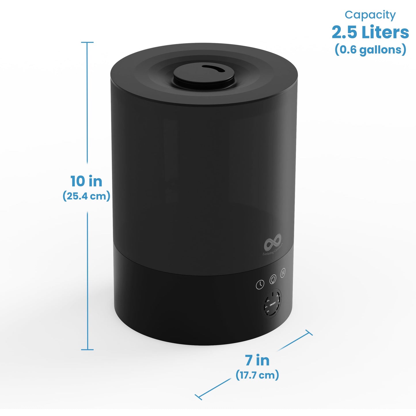Everlasting Comfort 2.5L Top Fill Humidifier for Bedroom – Quiet, Easy to Fill & Clean, 24HR Runtime, Night Lights, Timer, Ultrasonic Cool Mist, Auto Shut-Off for Indoor Use - Black
