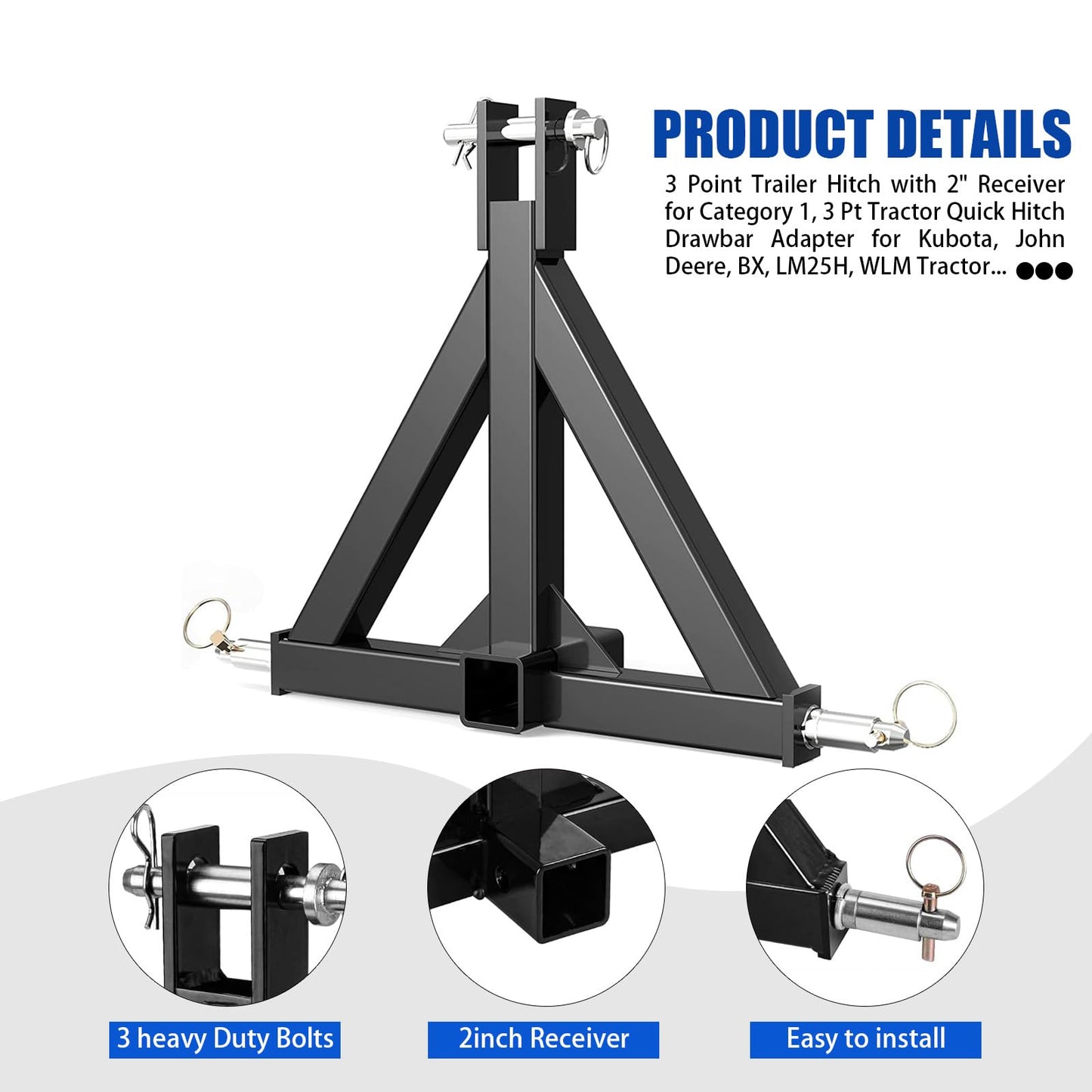 FAYUWUOX 3 Point Trailer Hitch for 1 with 2” Receiver, 3 Pt Hitch Adapter for Towing & Lifting, Carbon Steel Construction for Kubota, John Deere, BX, LM25H, WLM Tractor, NorTrac, Yanmar, Kioti, Cat