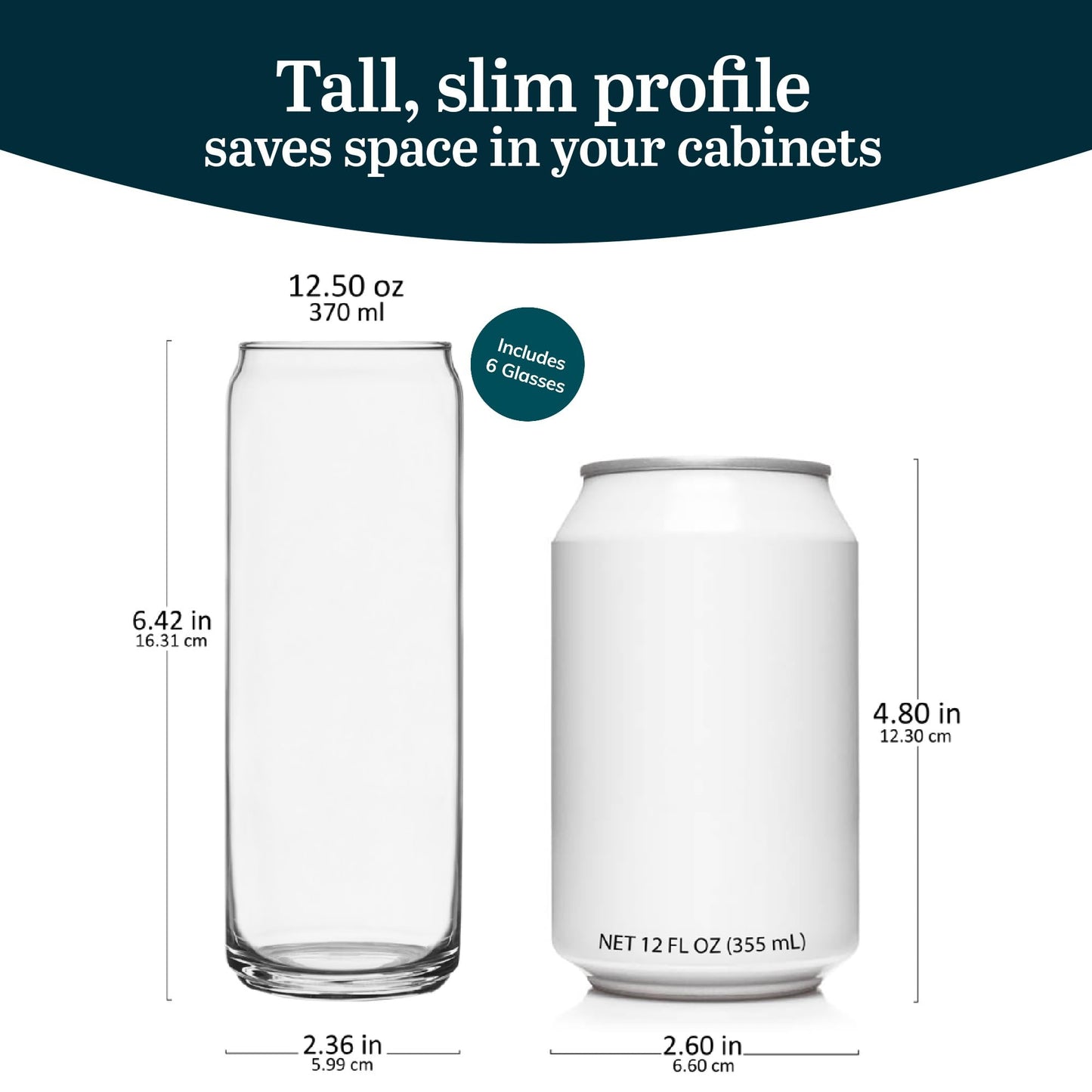 Libbey Classic Slim Beer Can Glasses, 12.5 oz Tall Drinking Glasses Set of 6, Space-Saving, and Versatile Thin Glassware for Cocktails, and Mocktails