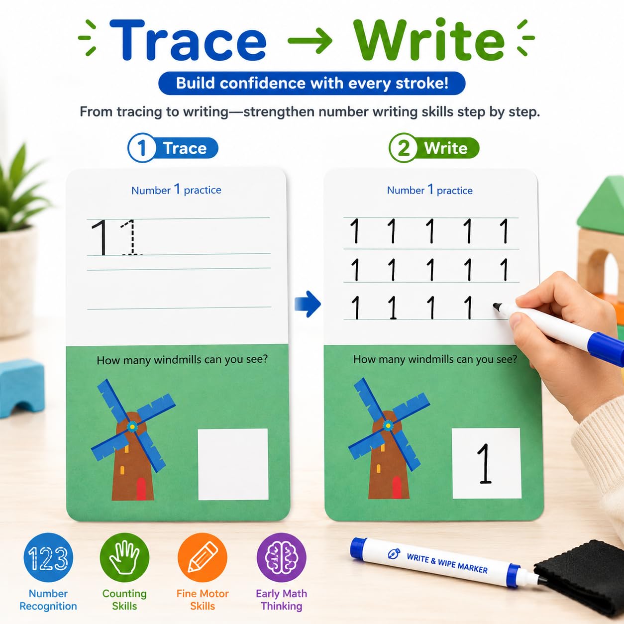 Write & Wipe Activity Cards for Kids, Reusable Tracing Flash Cards, Preschool Handwriting Practice Set, Letter Number Math Learning Activities Ages 3-6 (Number Tracing)