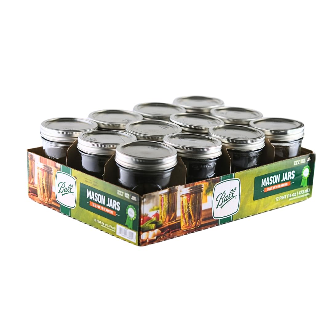 Ball - 16oz Wide Mouth Jars with Lids & Bands 12 Pack Jars, Large Glass Mason Jar for Food Storage with airtight Lid, 0.125 Gallon Glass Jar with Lid and Bands, Set of 12