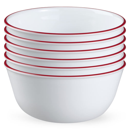 Corelle Vitrelle Glass 6-PC Bowls Set, For Soup Cereal & Dessert, Chip-Resistant & Lightweight Bowl Dinnerware Set, Red Banded 28 OZ