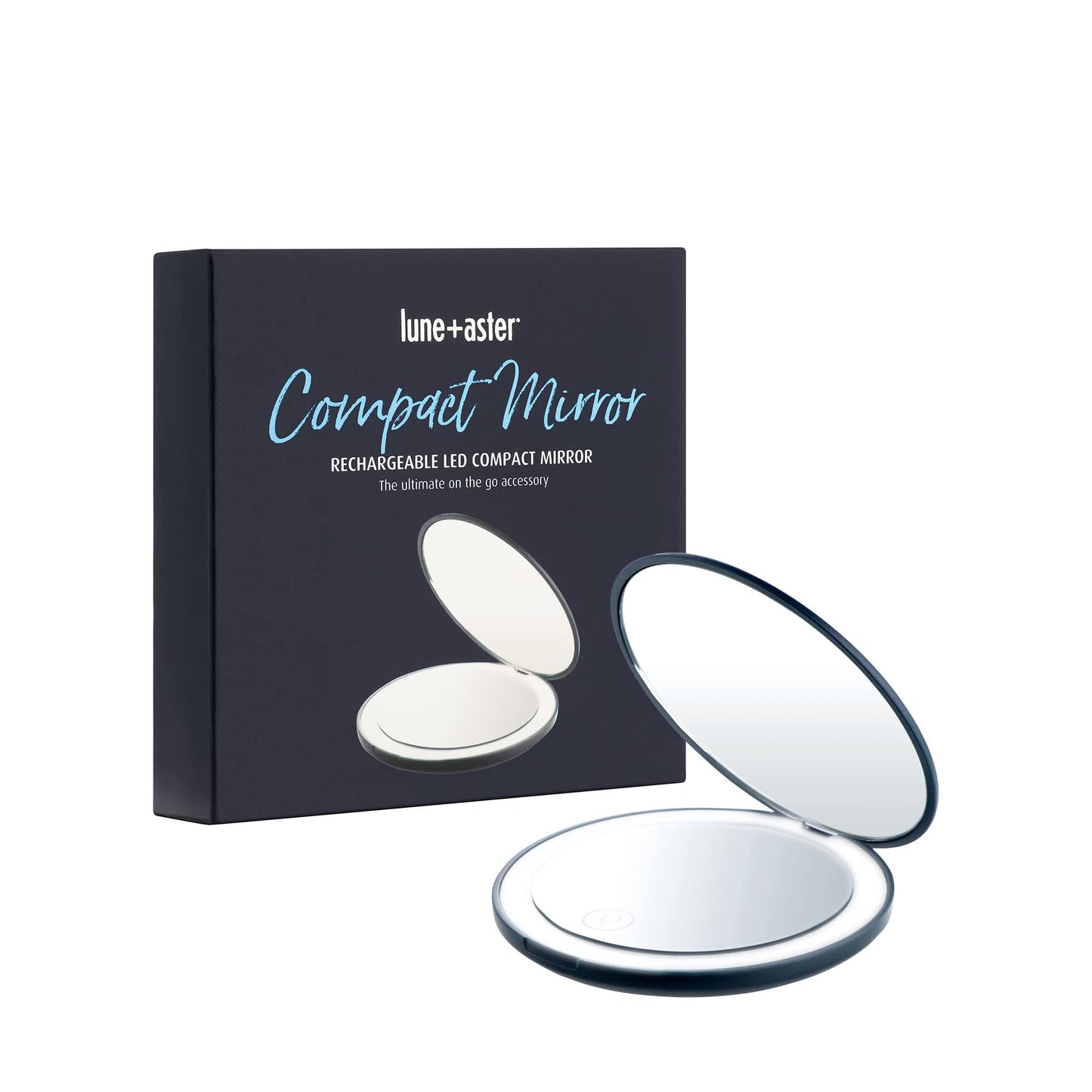 Lune+Aster Rechargeable LED Compact Mirror - Perfect for The Jetsetter or gal on The go, This Compact LED Mirror is Easy to stash in a Small Handbag or Travel Bag.