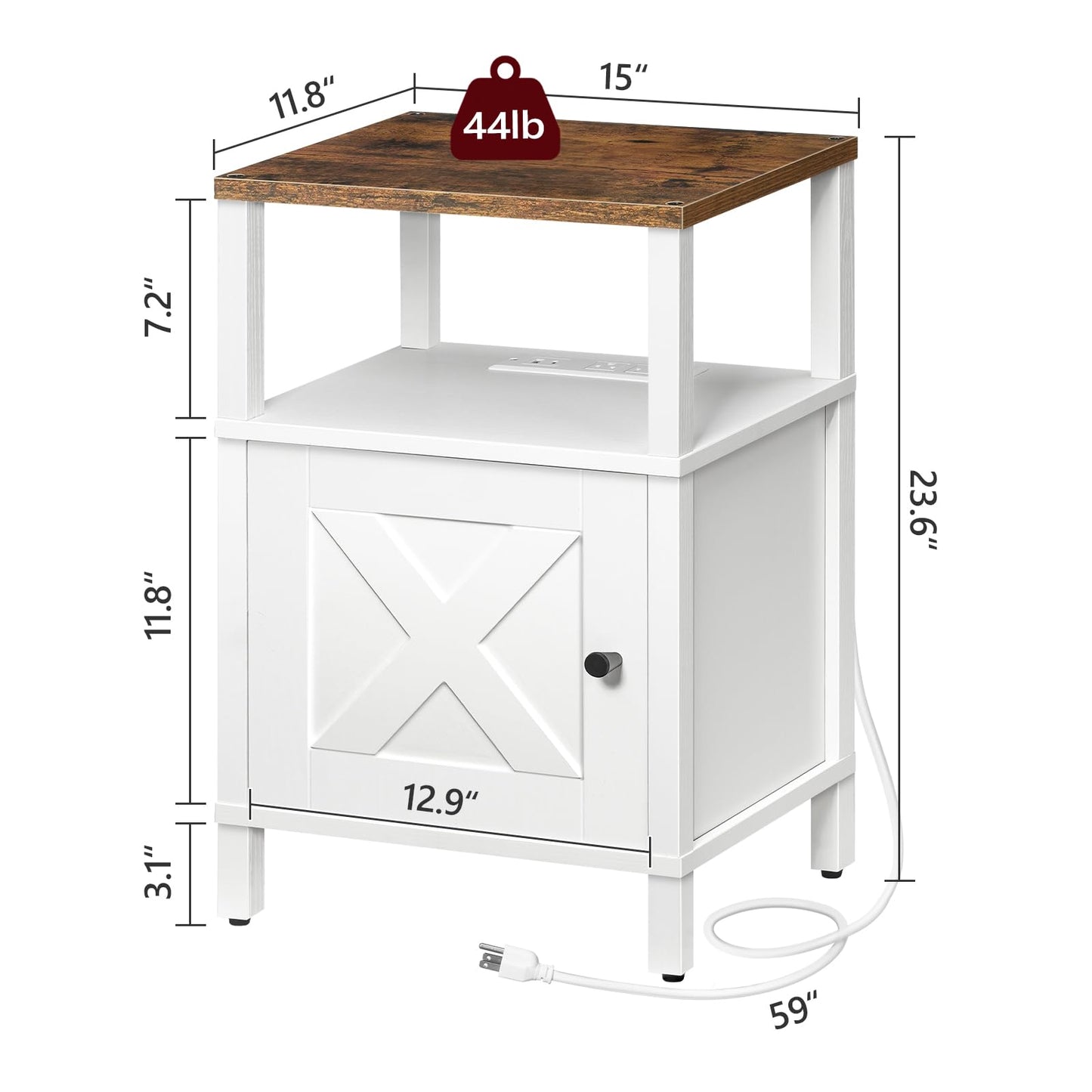 MAHANCRIS Farmhouse Nightstand with Charging Station, Barn Door End Table with USB Ports and Storage Cabinet, Bedside Table for Bedroom, Living Room, Small Space, White and Rustic Brown ETRW96E01