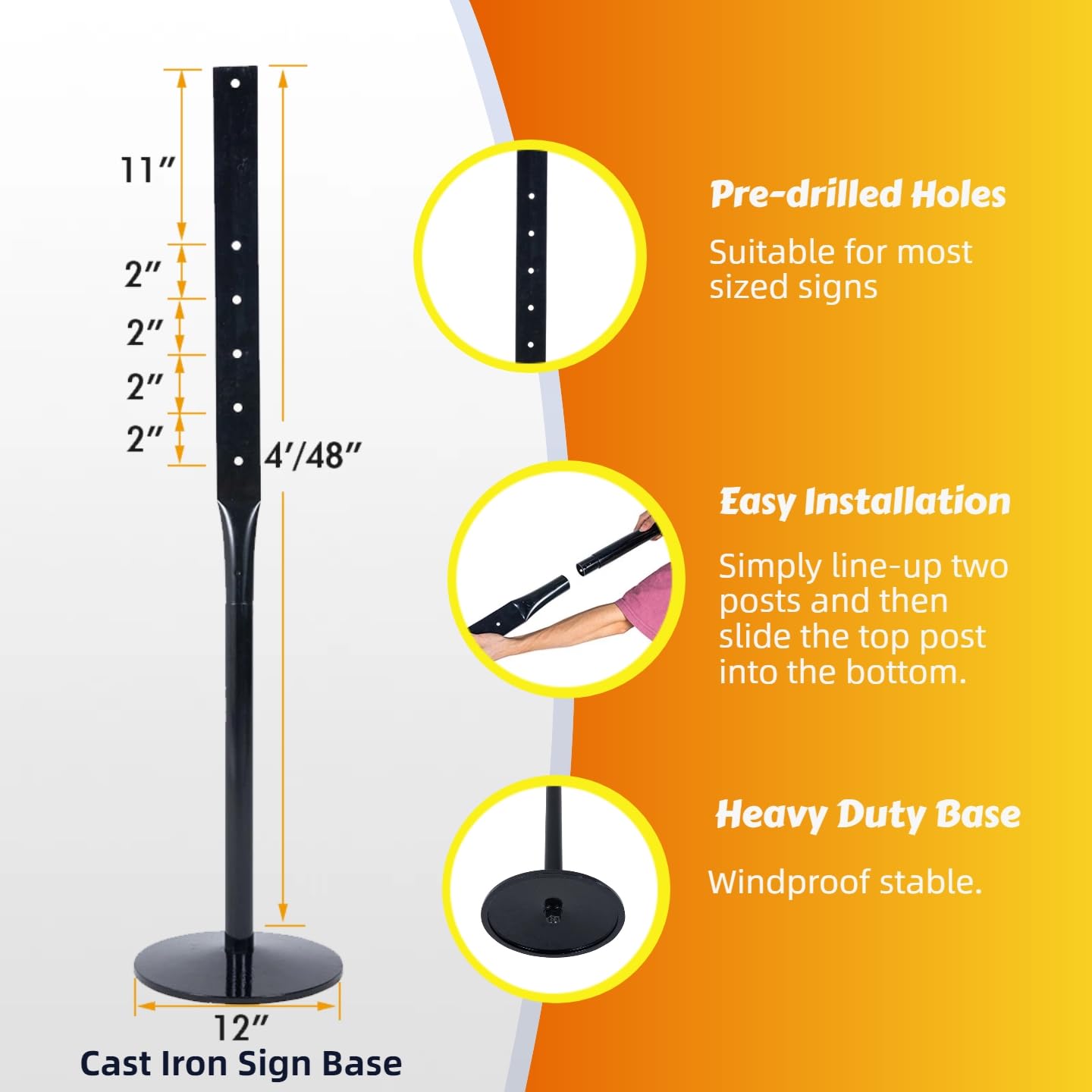 Kdgarden Heavy Duty Cast Iron Sign Post and Base Kit - 12" DIA Stand with 48" Post and Bolts & Nuts for Hanging Signs, Portable Sign Holder for Parking and Recreational Use