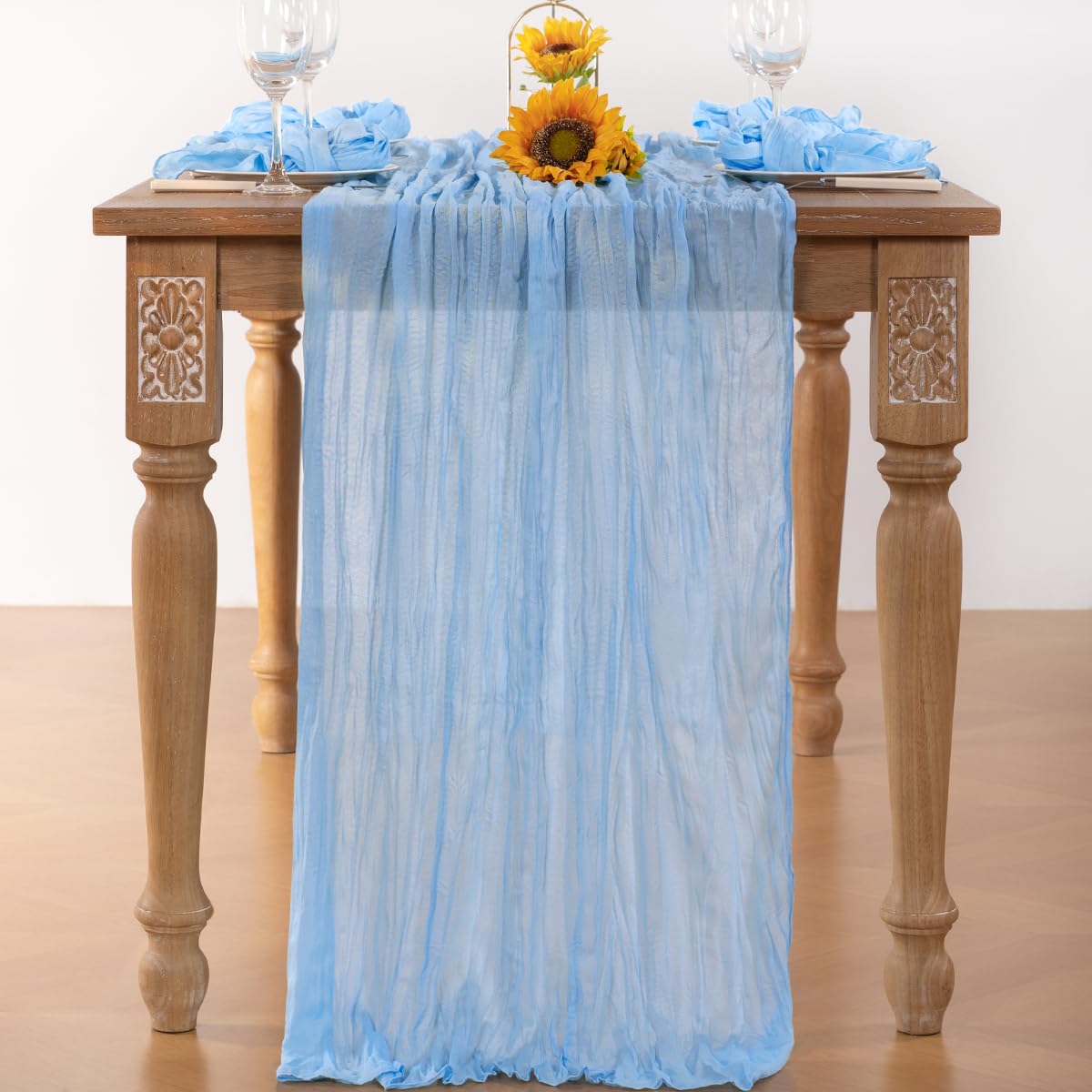 DeZerlor Baby Blue Cheesecloth Table Runner 10 Pack Spring Boho Sheer Cheese Cloth Table Runners Light Blue 120 Inches Long Gauze Easter Table Decor for Wedding Bridal Baby Boy Shower Birthday Party