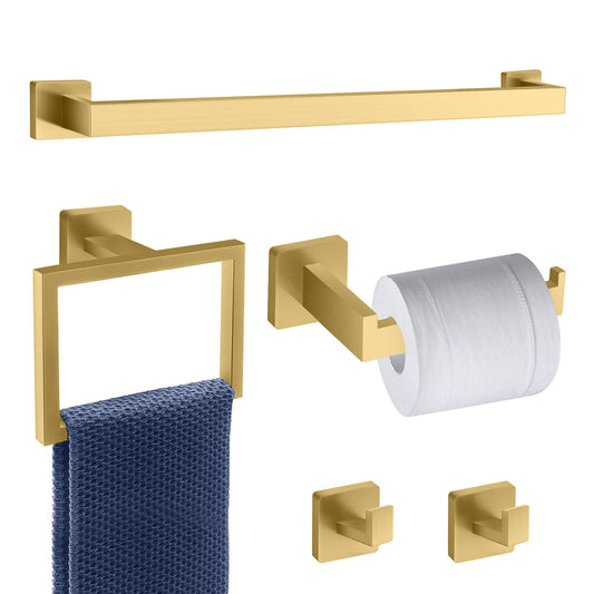 5 Piece Gold Towel Bar Set Bathroom Hardware Set Gold Bathroom Accessories Set with 2 Towel Hook, Stainless Steel Wall Mounted Bathroom Towel Rack Set Square 16-Inch