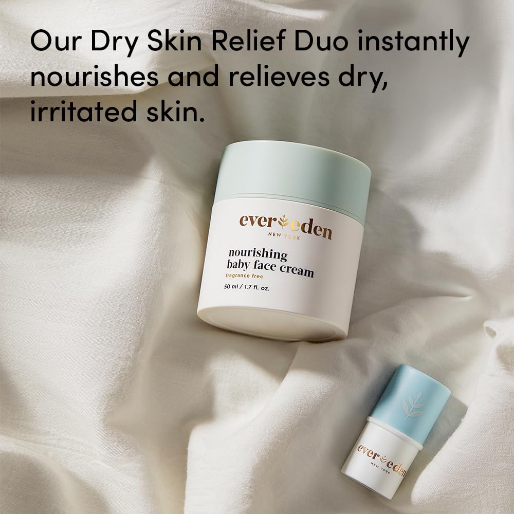 Evereden Dry Relief DUO - Baby Face Cream (1.7oz) & Baby Lip Balm (0.13oz) - Clean, Vegan, & Easy to Use Toddler Chapstick & Baby Cream Bundle for Deep Soothing Hydration - Non-Greasy & Fragrance-Free