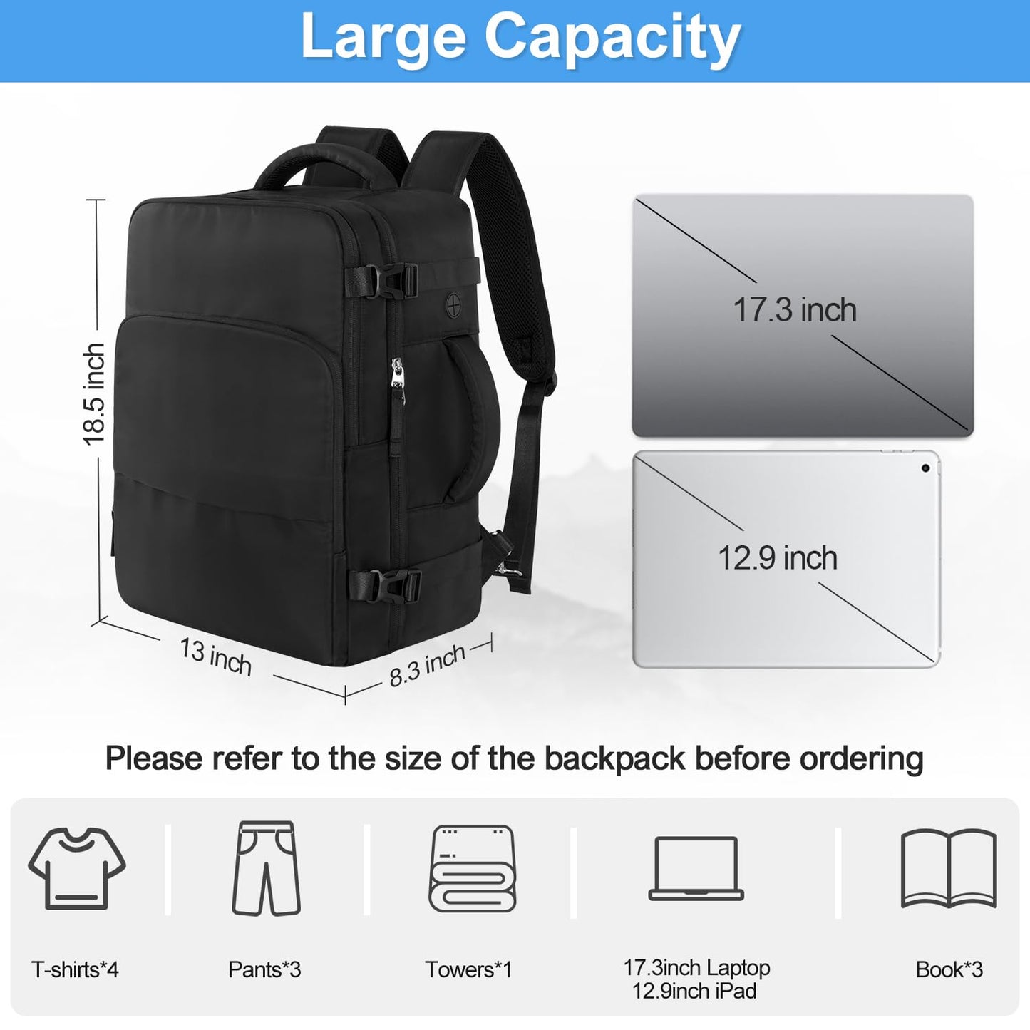 Sinaliy Travel Backpack, Carry on Flight approved Travel Bag with Multi-Pockets, Waterproof 17.3inch Laptop Backpack for Men Women, Black