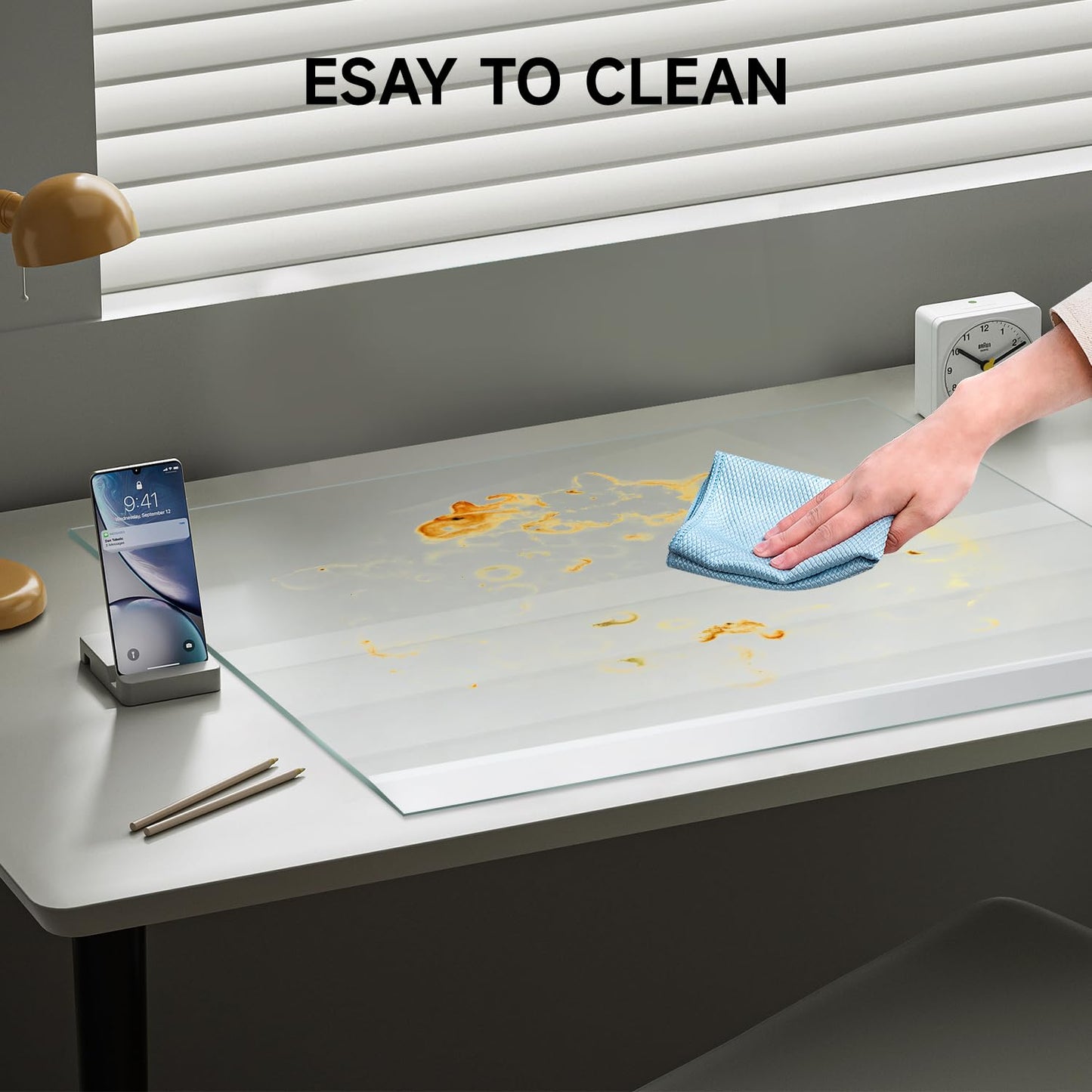 VASUHOME 32" x 20" Premium Tempered Glass Desk Mat with Beveled Edge - Ergonomic Desk Protector, Crystal Clear, Dry Erase Surface, Ideal Table Top Protector for Home & Office