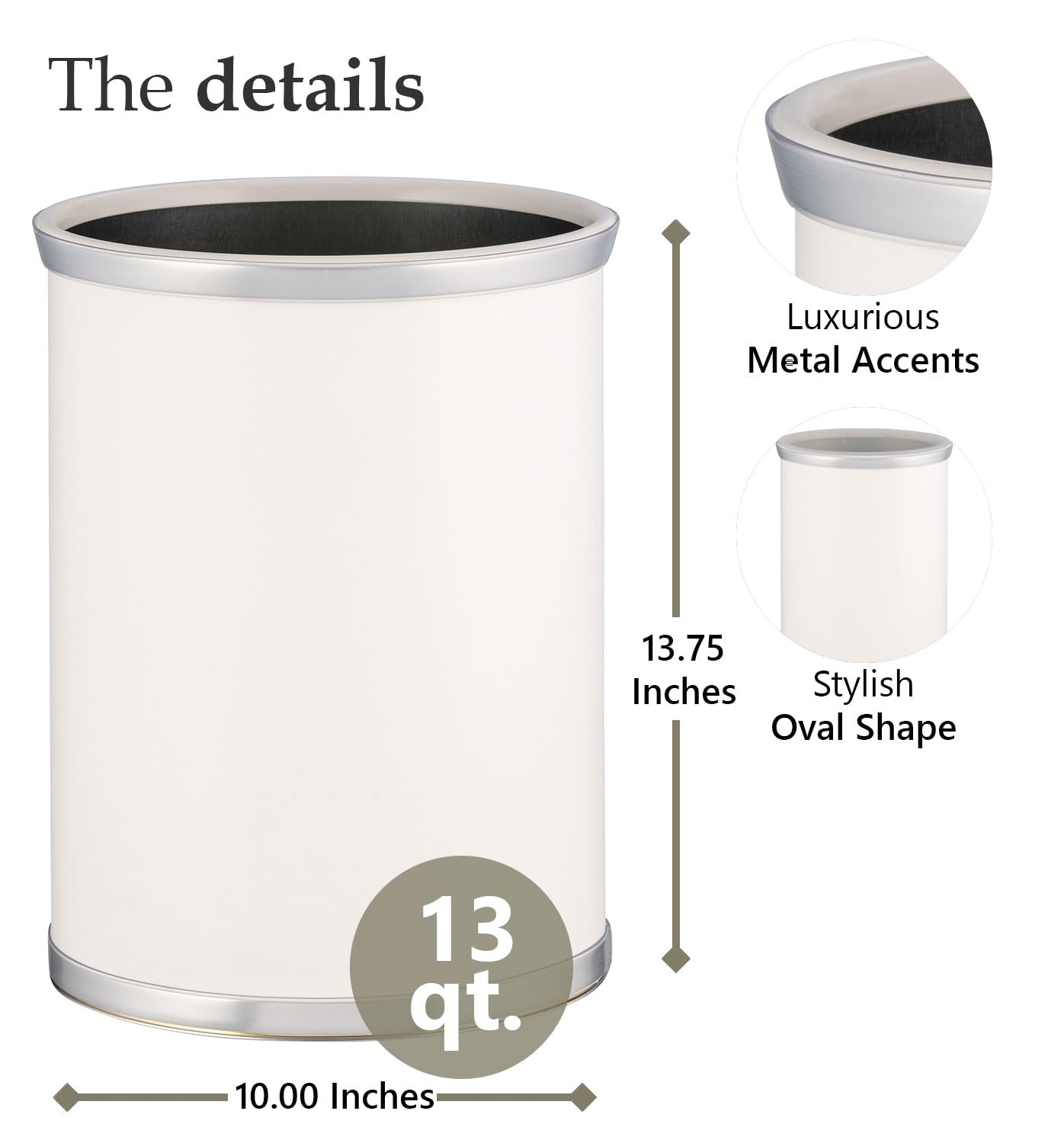 Kraftware Leatherette Wastebasket, 14", White with Brushed Chrome
