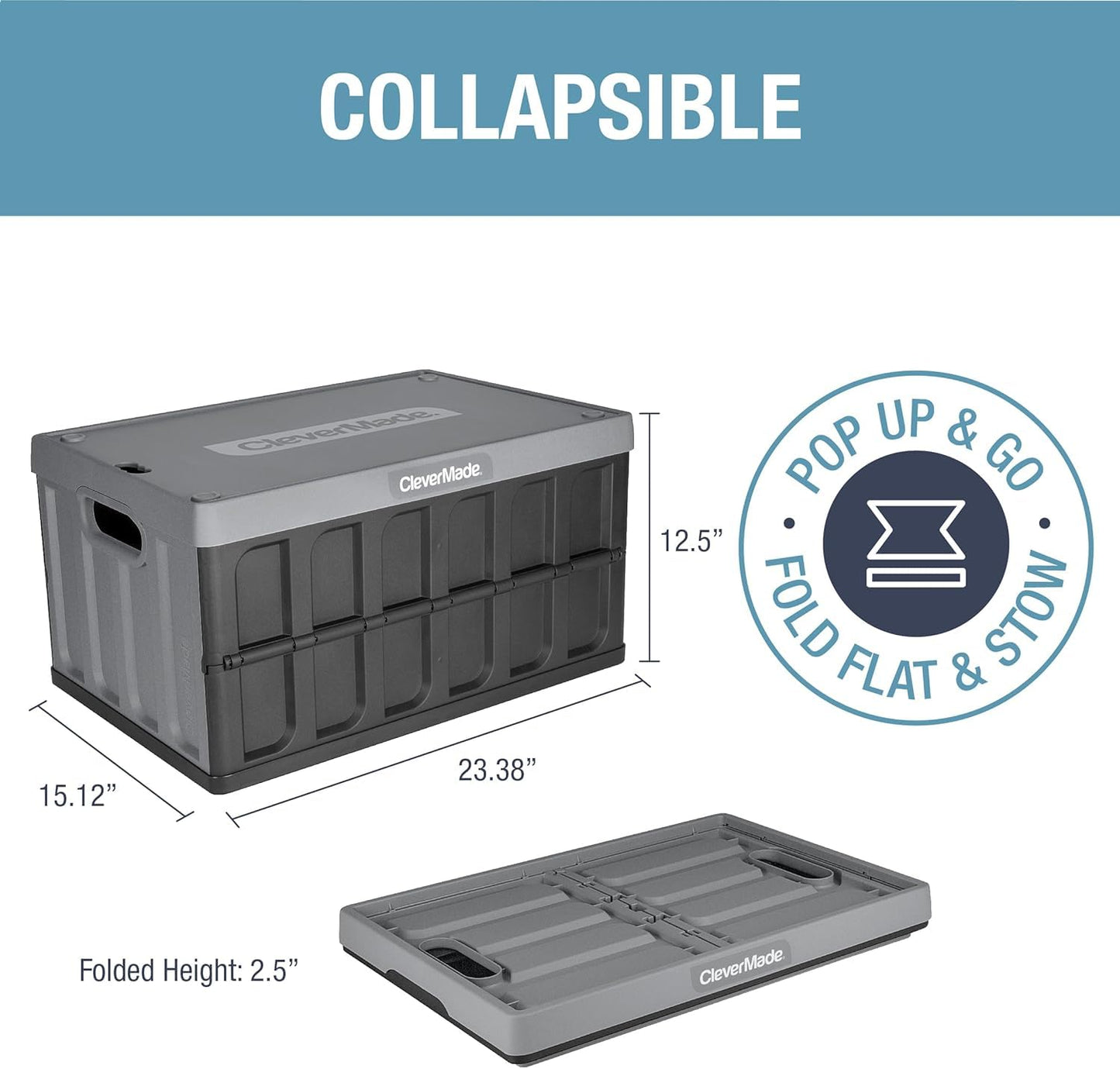 CleverMade Collapsible Storage Bins with Lids (62L, 3 Pack) – Heavy Duty Foldable Plastic Storage Crates for Garage, Closet & Trunk Organization - Stone