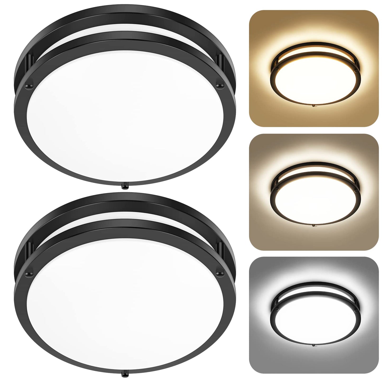12 Inch Flush Mount Ceiling Lights, 36W 3200LM Black Dimmable Light Fixtures Ceiling Mount, 3000K-5000K Selectable Modern Kitchen Light Fixtures for Stairwell, Balcony, Corridor, Laundry (2-Pack)