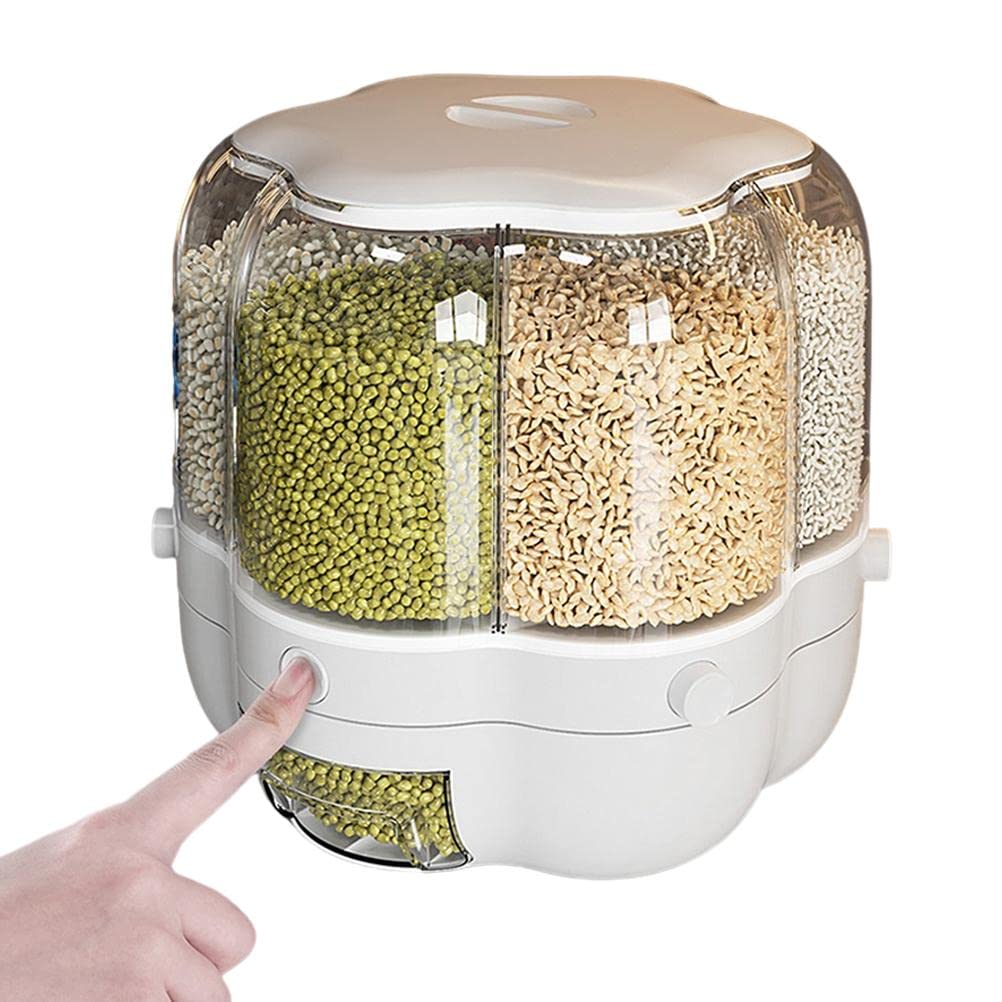 Enfudid Food Grain Storage Container Large Capacity 6-Grid Rice Dispenser, Rotatable Sealed Grain Food Storage Box Rice Bucket Dry Food Fruit Box Kitchen Storage Bucket for Home Kitchen- White 14.3LB