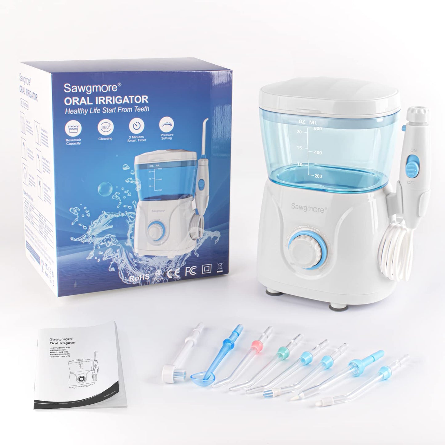 Sawgmore FC166 Water Flosser for Teeth/Braces, 600 ml Large Capacity, 10 Adjustable Pressures,8 Home Nozzles Professional Oral Irrigator for Teeth Clean(White)