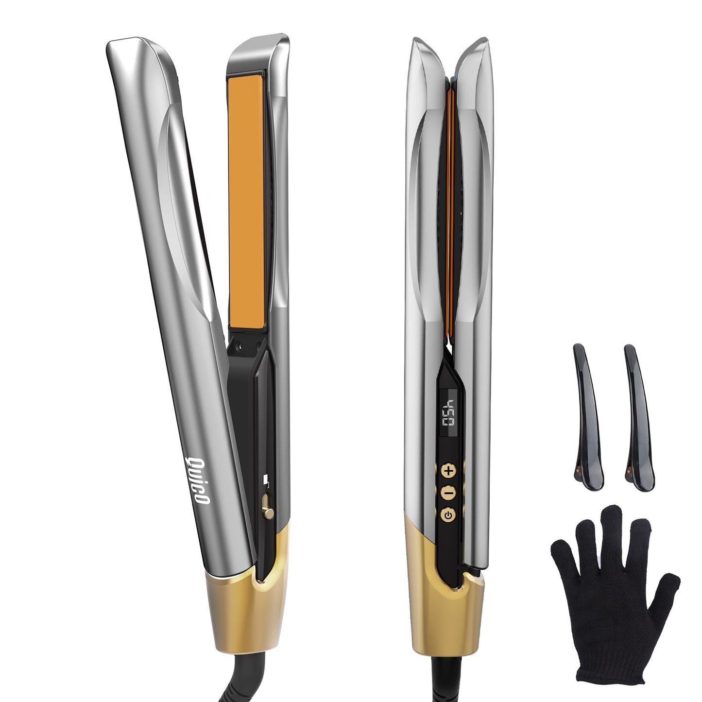 Professional Hair Straightener Flat Iron, Quico Global Use 120-240V Straightener, 12s Fast Heating, Unique Small Waist Hair Straighteners for Women Negative Ion, Ceramic Plate, Auto Off, Glove & Clip