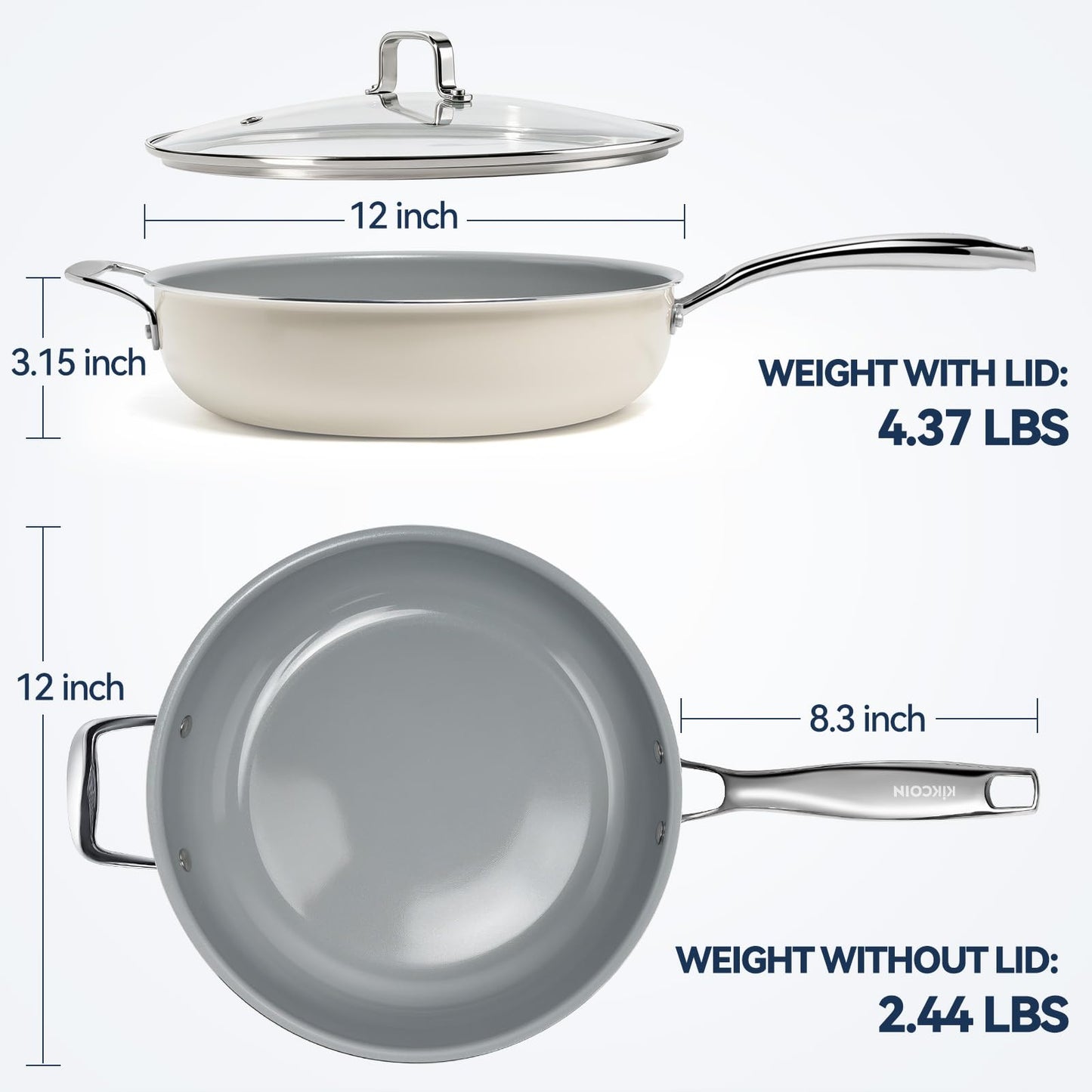 Kikcoin Nonstick Frying Pan with Lid - 12 inch Ceramic Deep Frying Pan for Cooking - 5 QT Large Saute Pan with Stay Cool Handle, Induction Ready, PFAS/PTFE/PFOA Free, All Oven/Dishwasher Safe