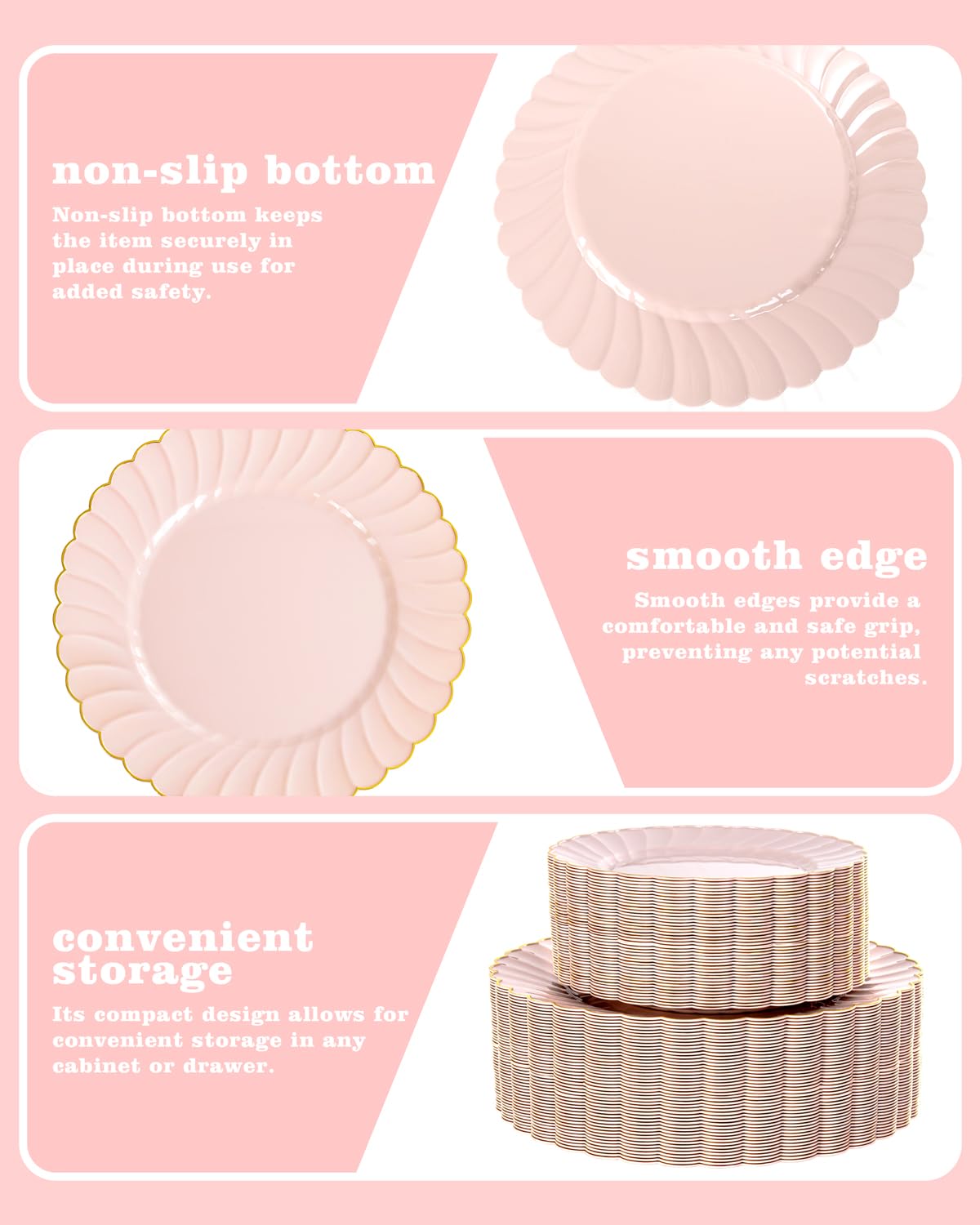 YOUBET 100PCS Pink Scalloped Plastic Plates - Heavy Duty Gold Disposable Fancy Hard Plates Include 50 Dinner Plate, 50 Dessert Plate, for Wedding & Party