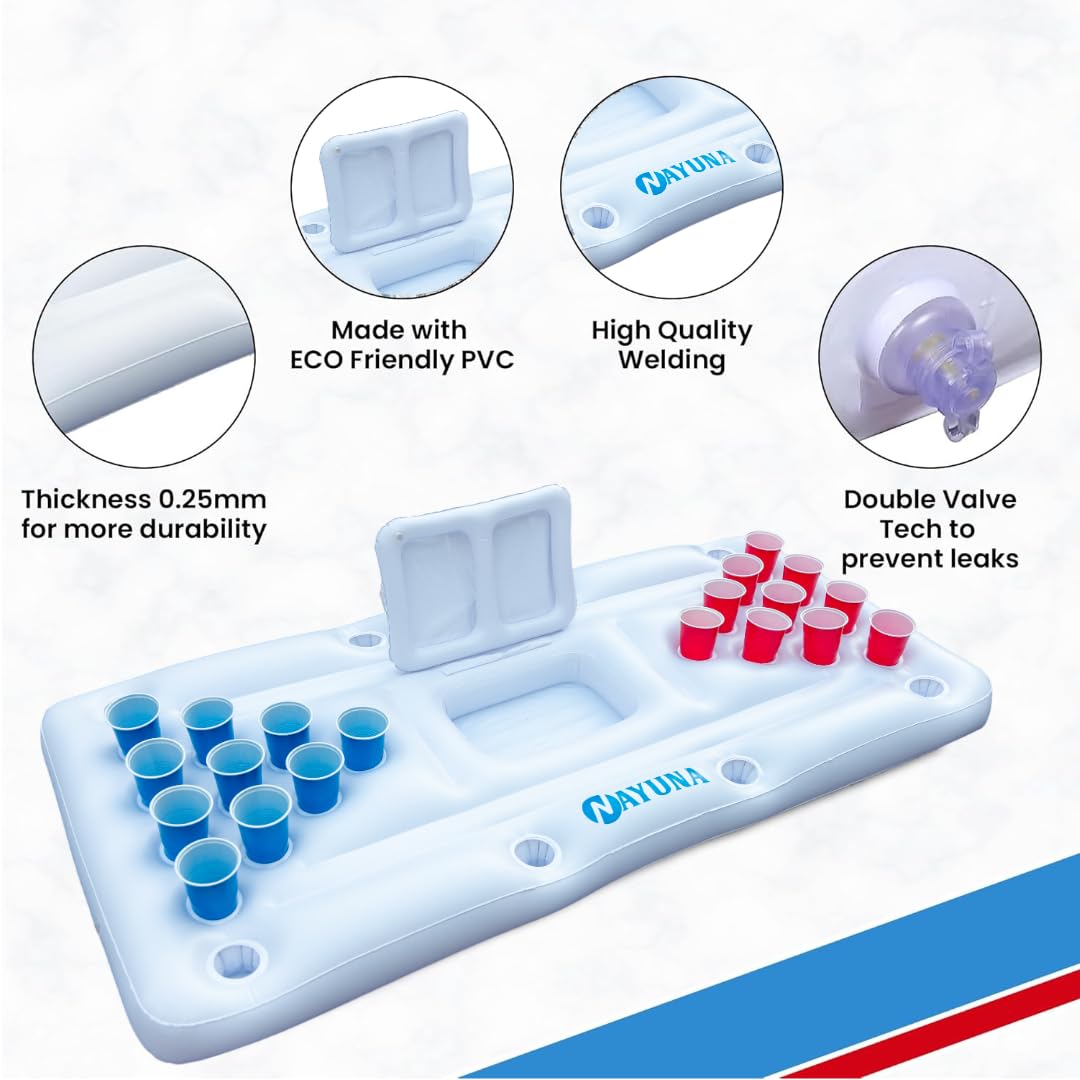 NAYUNA Floaty with Cooler & 20 Party Cups - Inflatable Pool Table Summer Party Pool Games Accessories for Adults 6 Feet Inflatable Pool Lounge Float, 4 Ping Pong Balls, 20 Cups