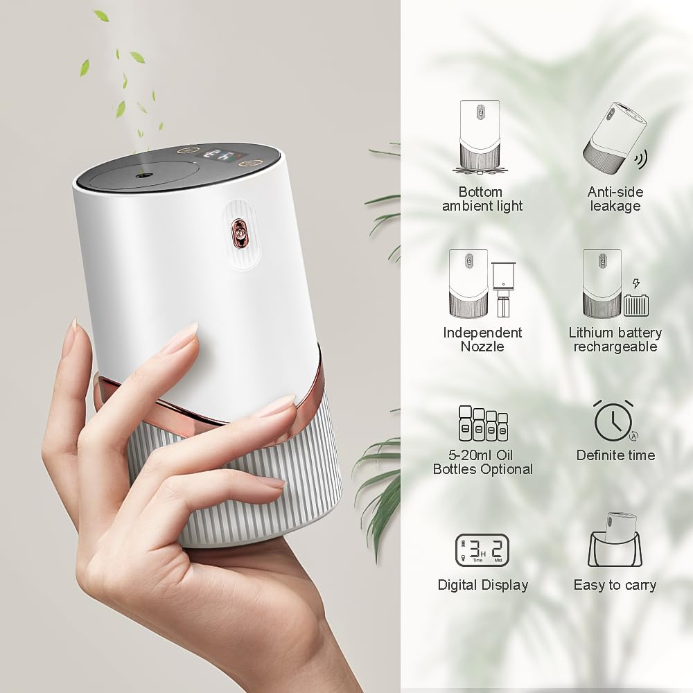 Waterless Essential Oil Diffuser - Aroma Diffuser for Car, Portable Smart Scent Air Machine 1/2/3 & Continuous Mist, Anti-TIPP, Timer Setting and Auto-Off Function (White)