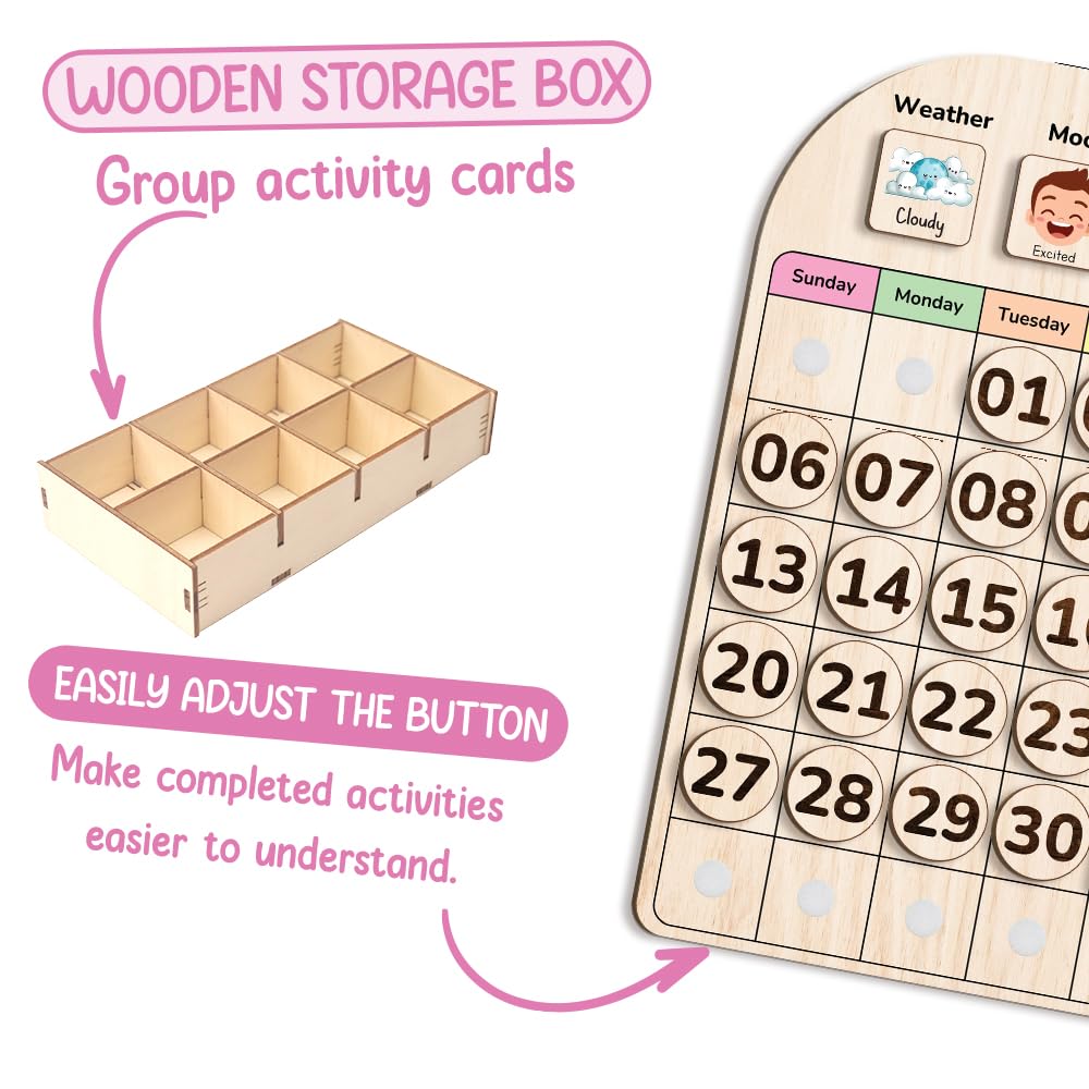 TinyKidz Wooden Calendar for Kids, Preschool Toddler Calendar Learning at Home and Classroom Teaching, Hanging Calendars for Kids, Months and Days of The Year