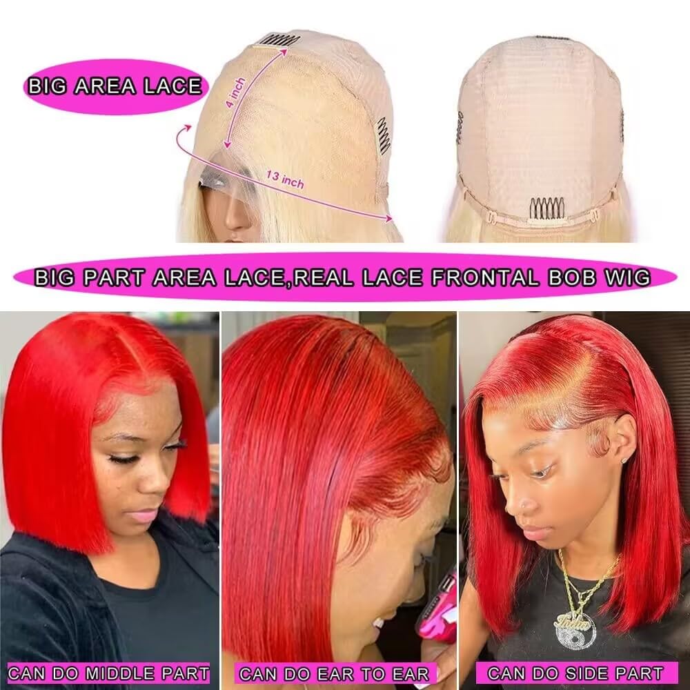 Pre Plucked 13X4 Straight Red Bob Wig Human Hair Lace Front Wigs With Baby Hair Natural Hairline Glueless Wigs Human Hair Pre Cut Bob HD Transparent Lace Frontal Blunt Cut Red Bob Wigs For Black Women