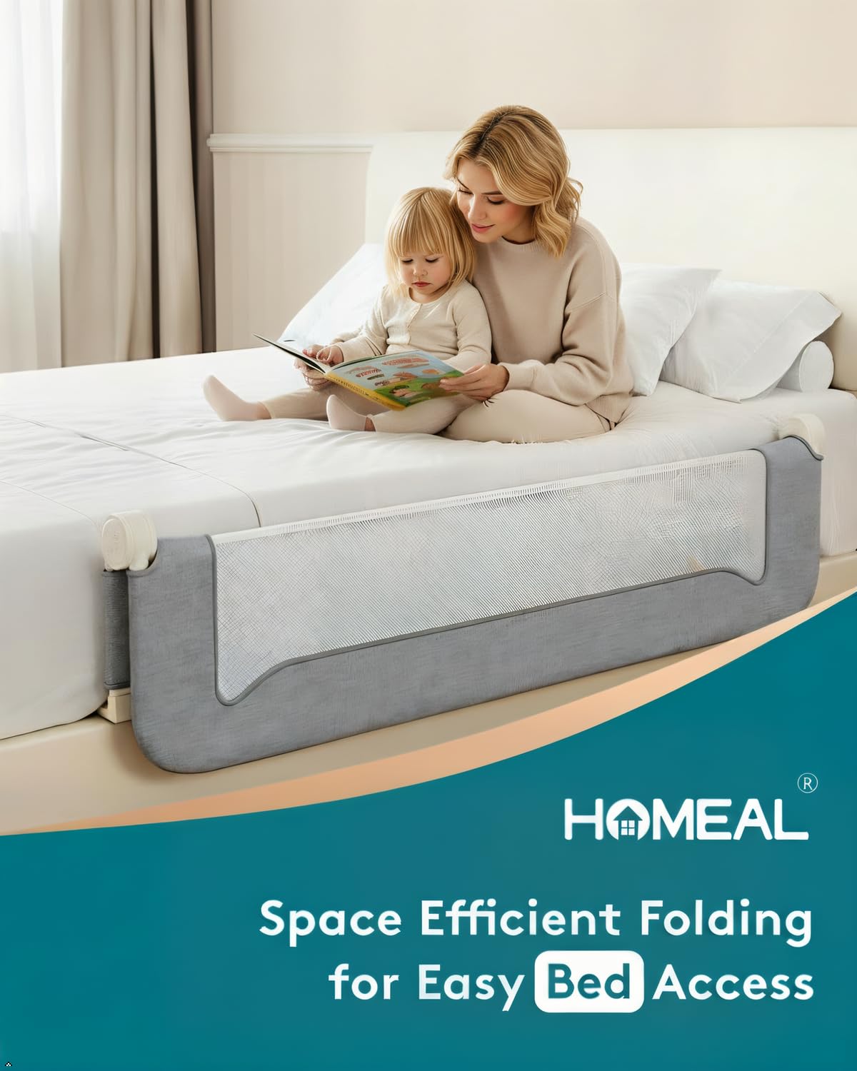 HOMEAL Bed Rail for Toddlers, 59in Swing Down Baby Bed Rail Guard, Toddler Bed Rails for King Size Beds, Twin, Full, Queen, Bed Guard Rail for Toddlers, Grey