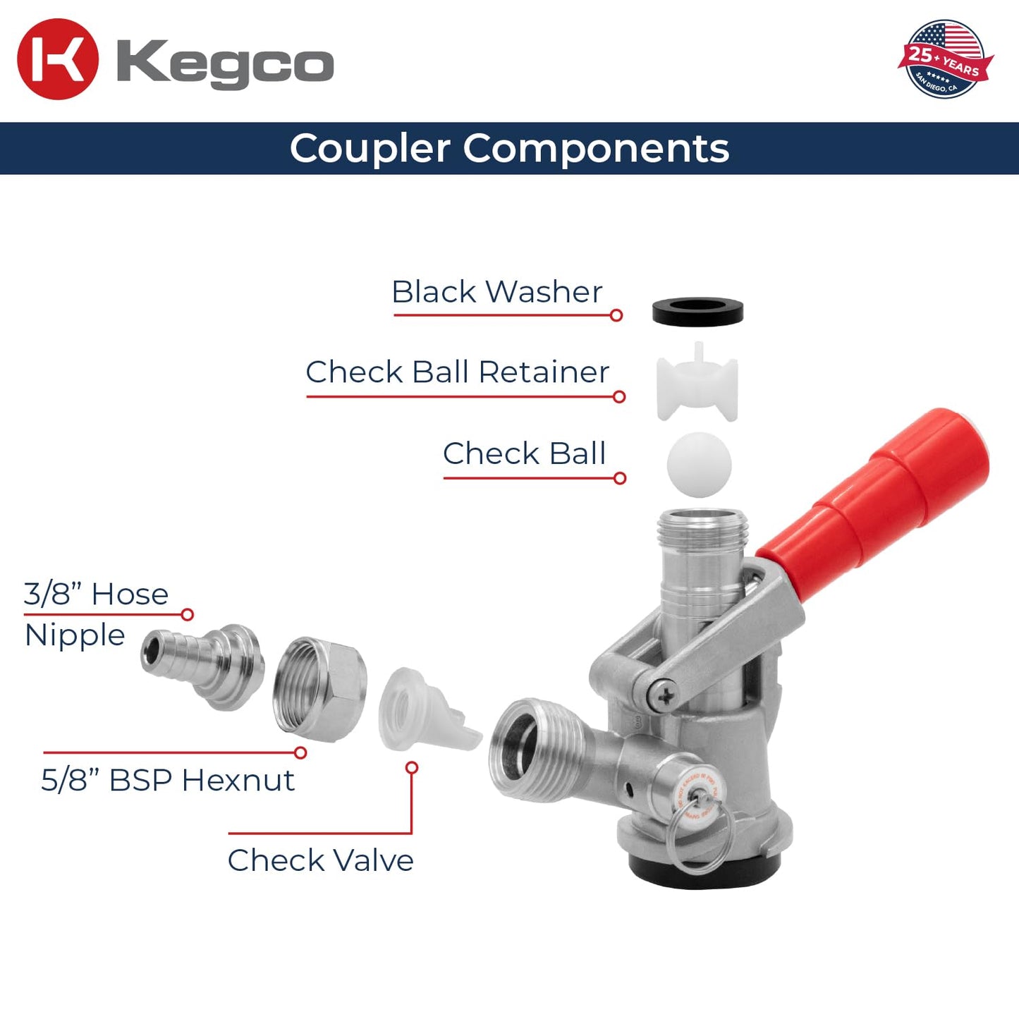 Kegco Beer Keg Coupler D System Tap - Red Lever Handle