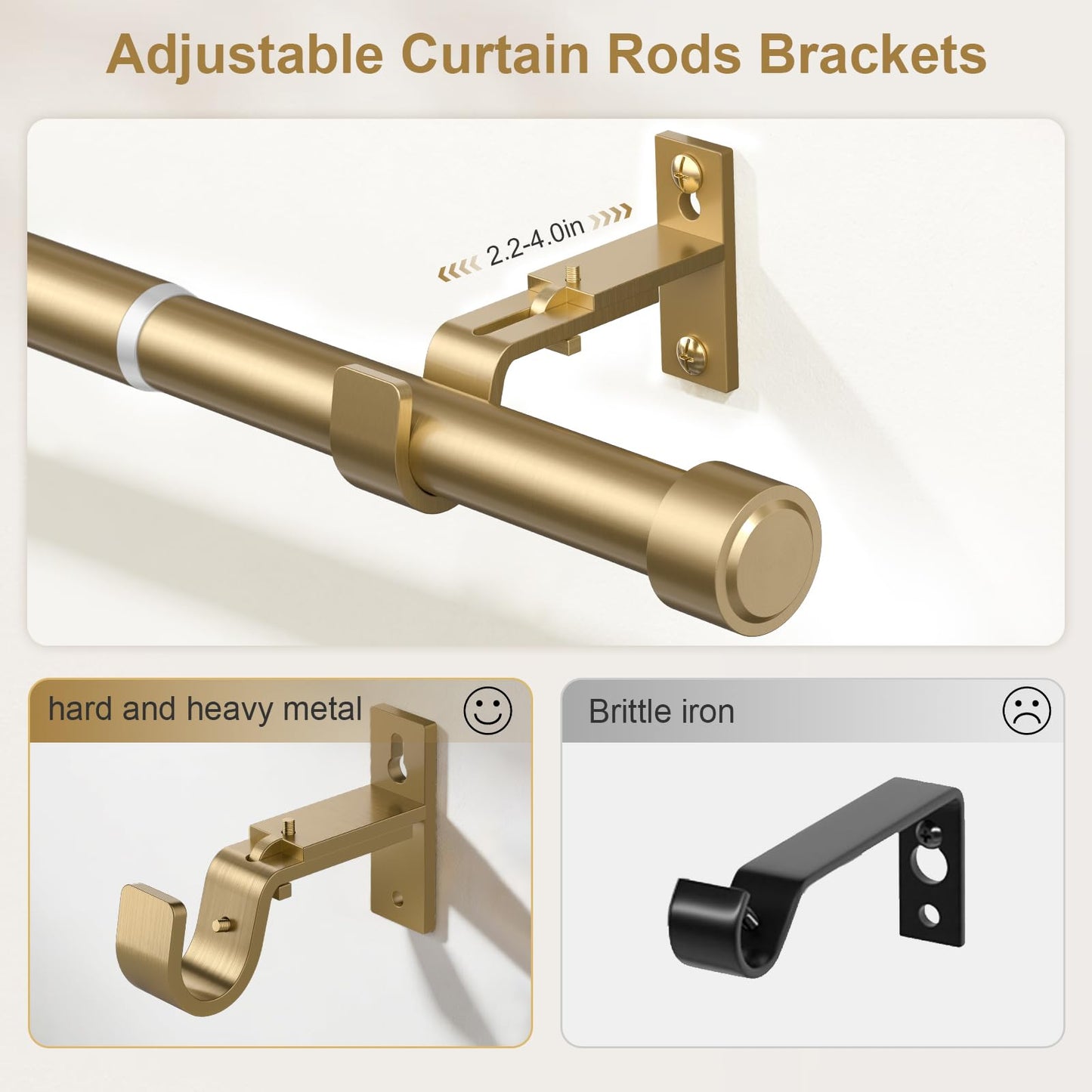Warm Gold Brass Curtain Rod 36-144 Inches Adjustable, 1" Diameter Heavy Duty Window Rod with Solid Aluminum Finials & Heavy Duty Brackets for Bedroom Living Room Kitchen