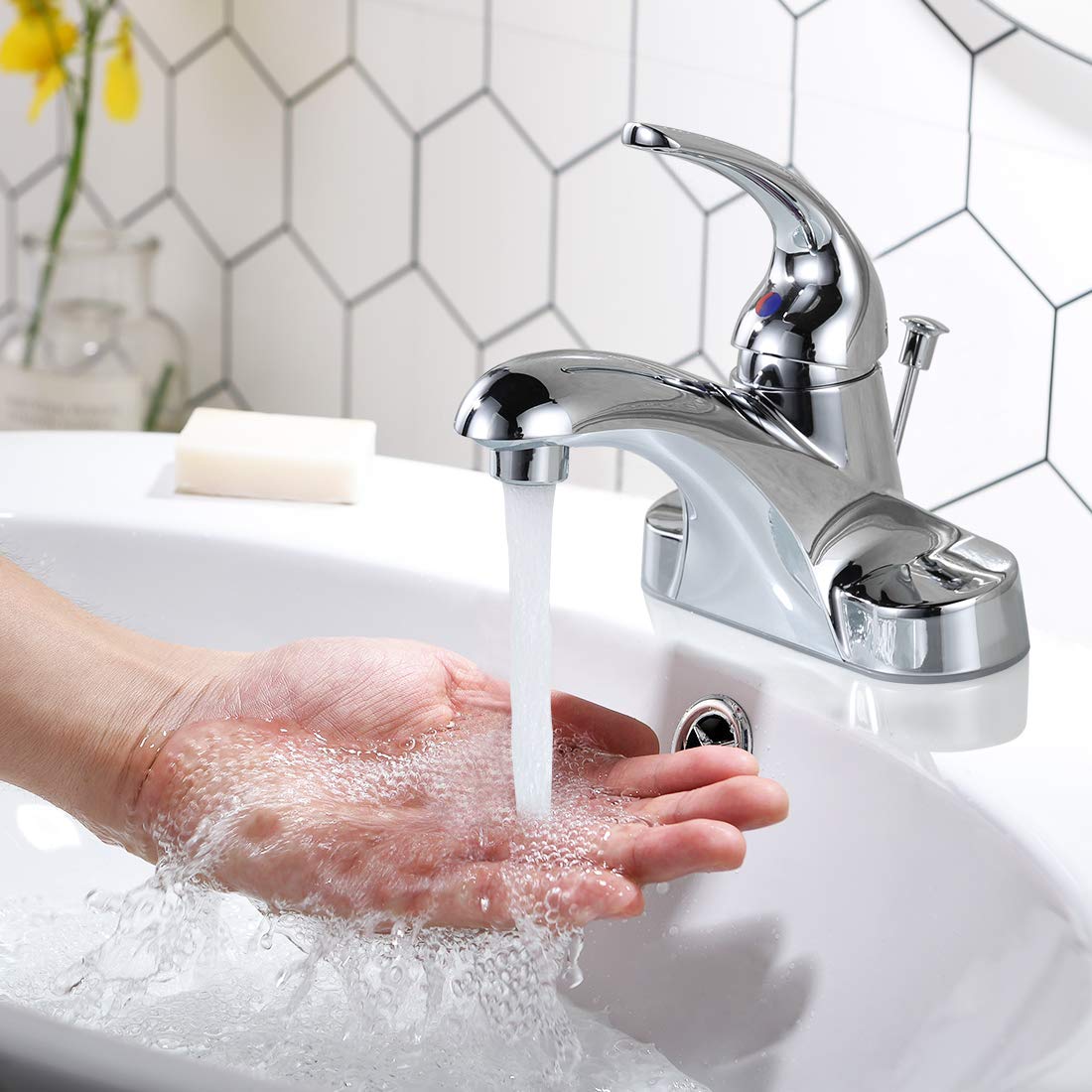 WOWOW Bathroom Faucet 1 Handle Low Arc Single Handle 4 inch Centerset Bathroom Sink Faucet with Lift Rod Drain Assembly Basin Mixer Tap Chrome Vanity Faucet