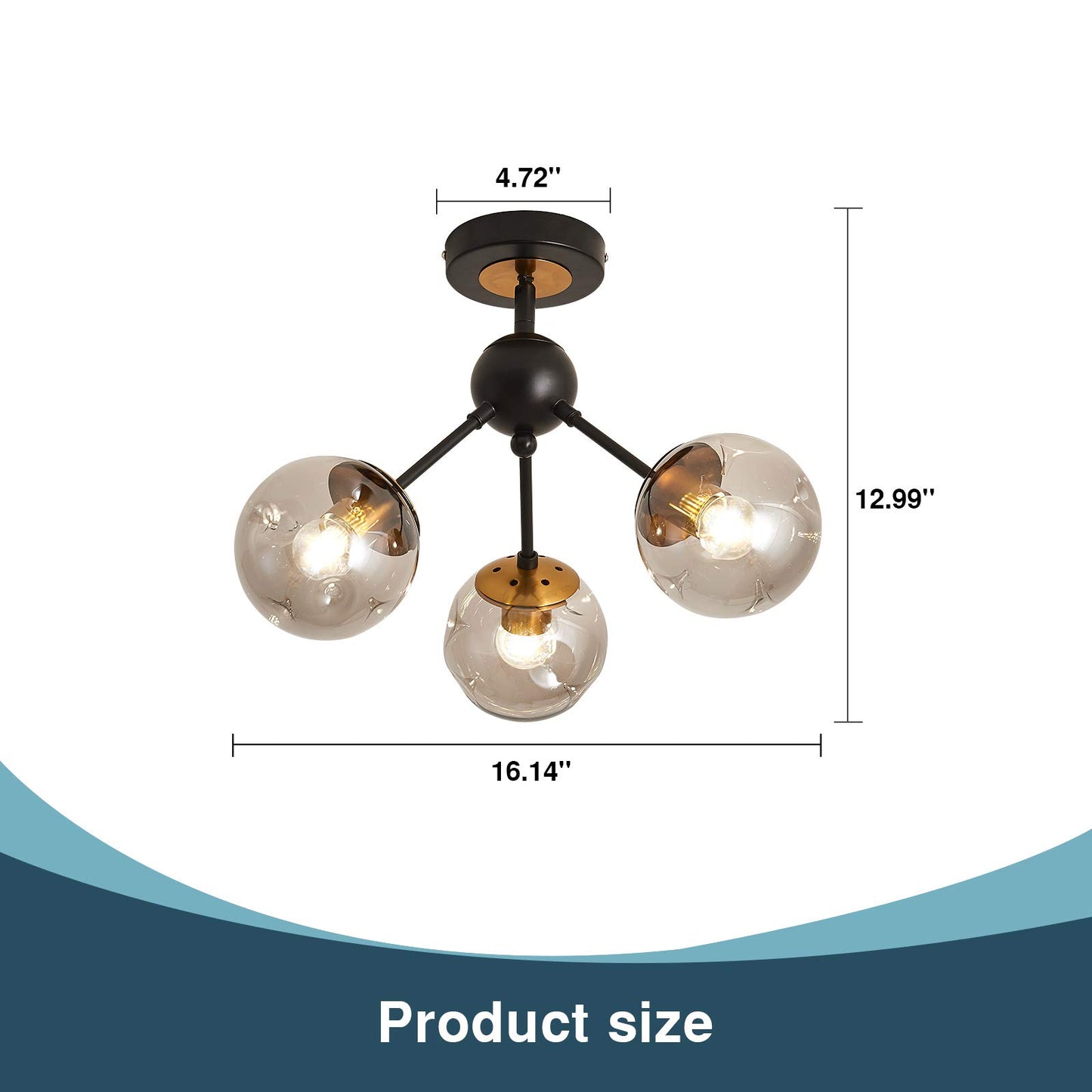 SZXYKEJI 3-Light Chandelier ，Vintage Semi Flush Mount Ceiling Light Fixture with Glass Globe， Black Ceiling Light for Hallway Stairway Porch Entryway Kitchen Bedroom Laundry Farmhouse..