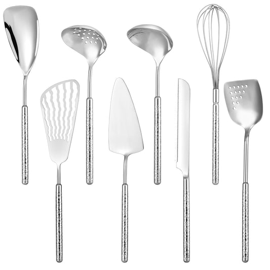 304 Stainless Steel Cooking Utensils Set, HIFIND 8PCS Kitchen Utensils Set, Luxury Kitchen Utensils, Deep Ladle, Skimmer, Slotted Spatula, Fish Spatula, Serving Spoon, Whisk, Bread Knife, Cake Server