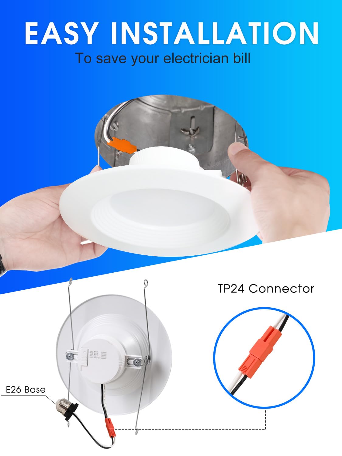 12 Pack 5/6 Inch 5CCT LED Recessed Light Retrofit, 2700K/3000K/4000K/5000K/6500K Selectable Downlight, Dimmable Can Lights with Metal Baffle Trim, CRI 90, 10.5W=85W, E26 Base, IC & Wet Rated, ETL&FCC