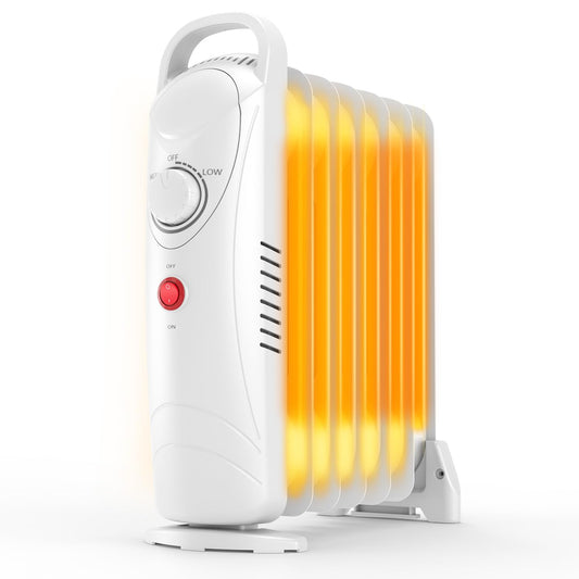 Air Choice Oil Heaters for Indoor Use, 700W Radiator Heater, Overheat Protection, Silent Operation, Adjustable Thermostat with 2 Heat Settings, Compact Electric Heater for Bedroom Office Desk, White