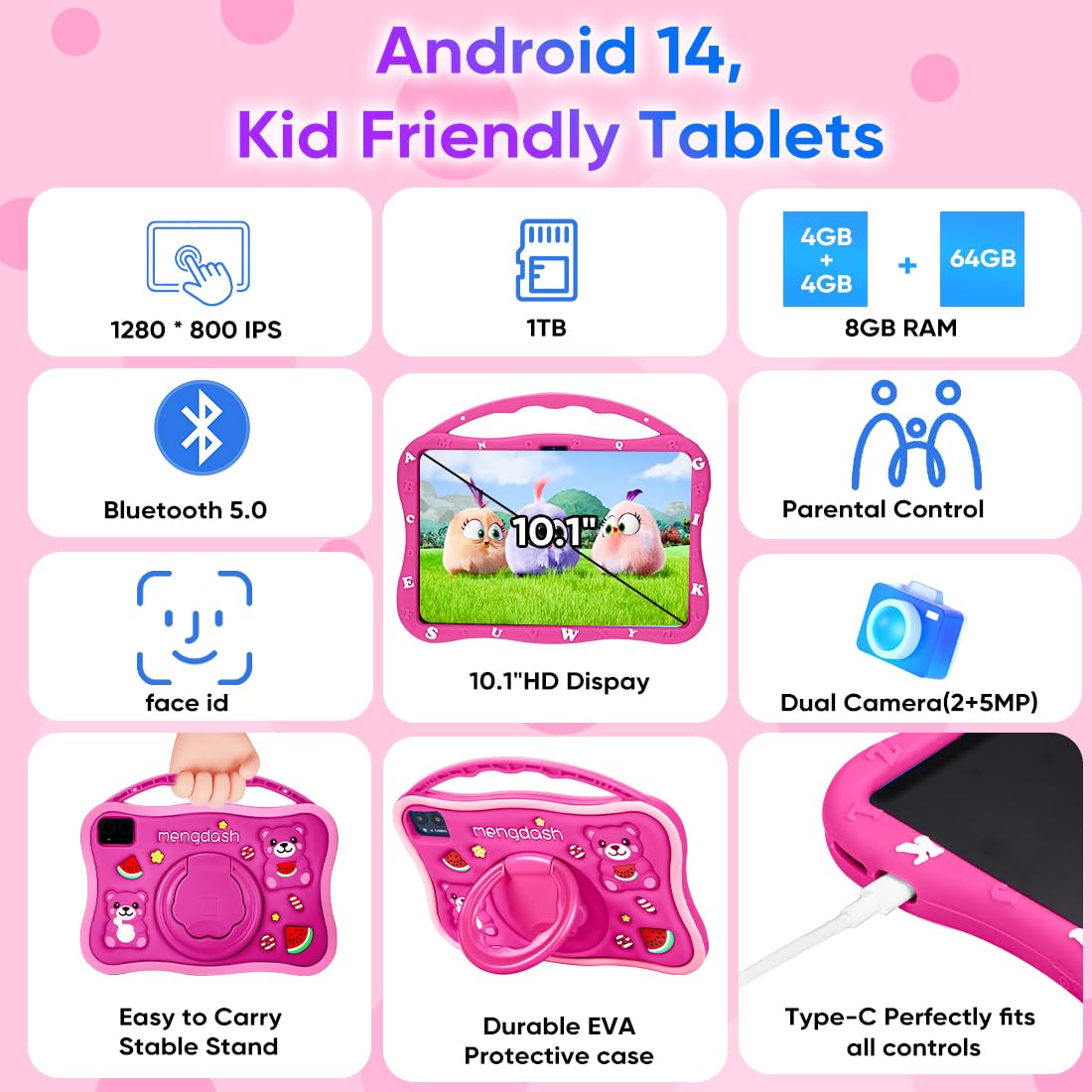 MengDash Kids Tablet, 10.1 inch Tablet for Kids 3-10, Educational Learning Toddler Tablet Android 14, 8GB RAM+64GB ROM Storage, 5G WiFi, Baby Girl boy Gift (Red)