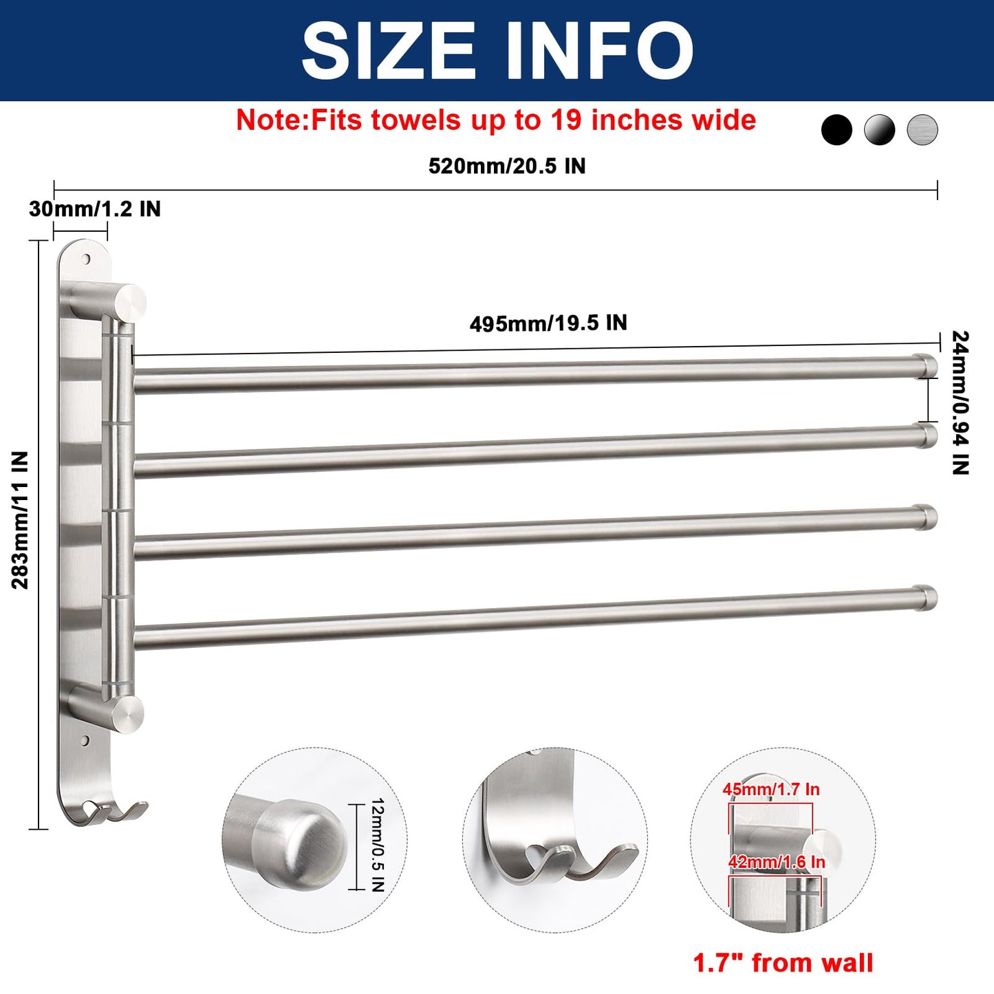 NearMoon Swivel Towel Rack, 19.5" Thicken 304 Stainless Steel 4-Arm Towel Bar, Space Saving Wall Mounted Towel Holder with Hook, Rustproof Swing Out Towel Hanger for Bathroom, Kitchen (Brushed Nickel)